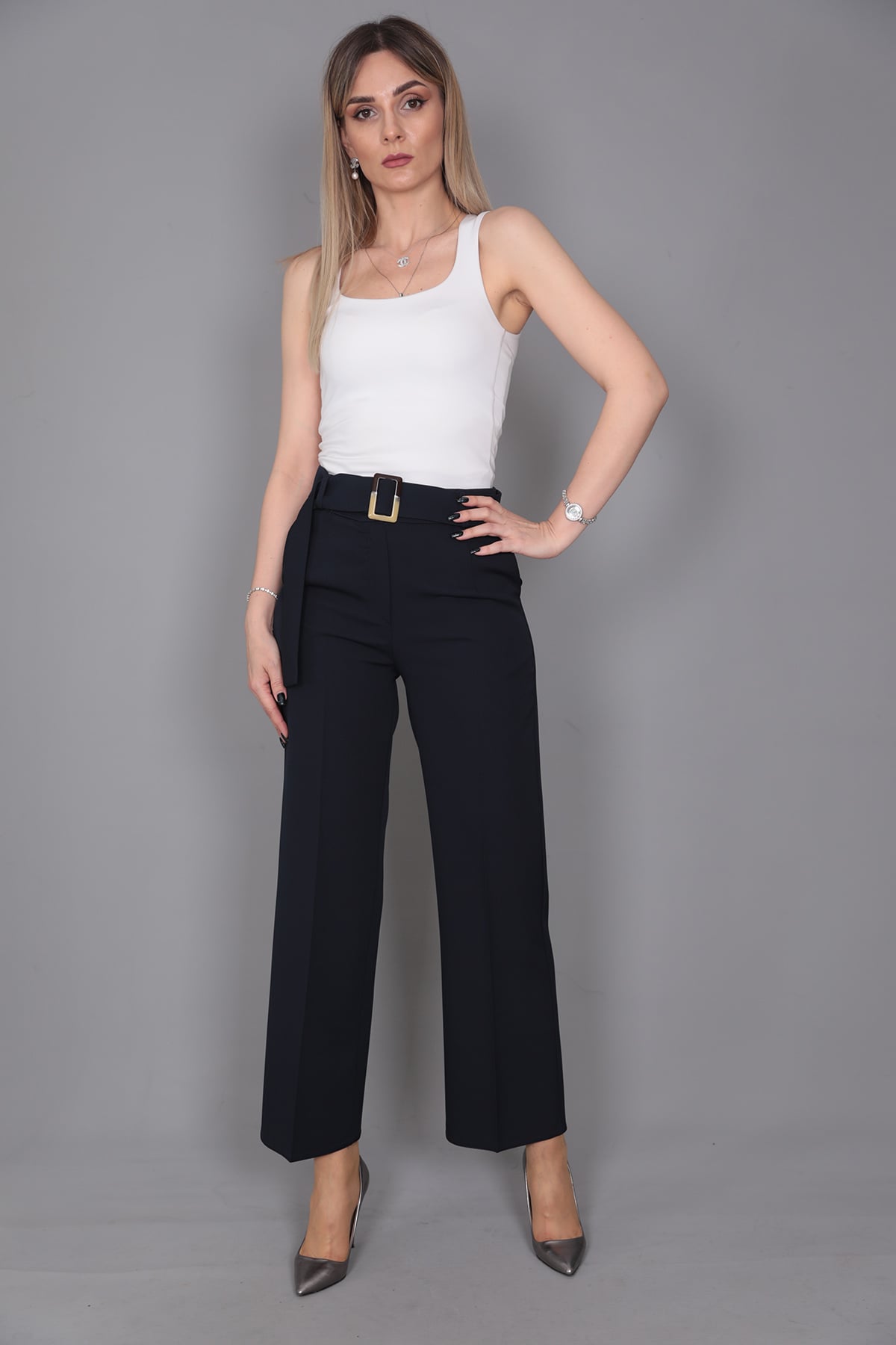 Tokalı Kemerli Pantolon-Lacivert - 5028100