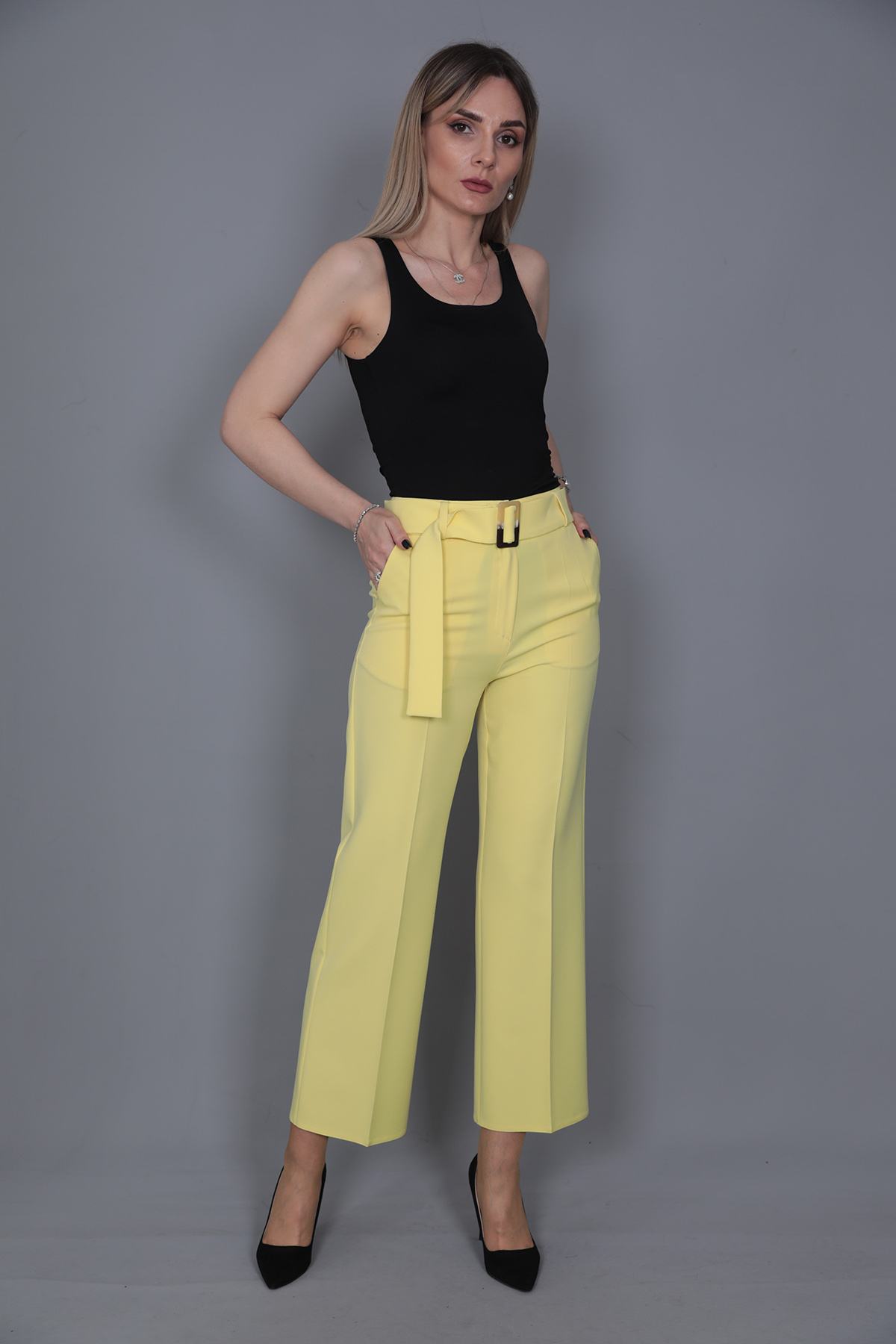 Tokalı Kemerli Pantolon-Sarı - 5028100