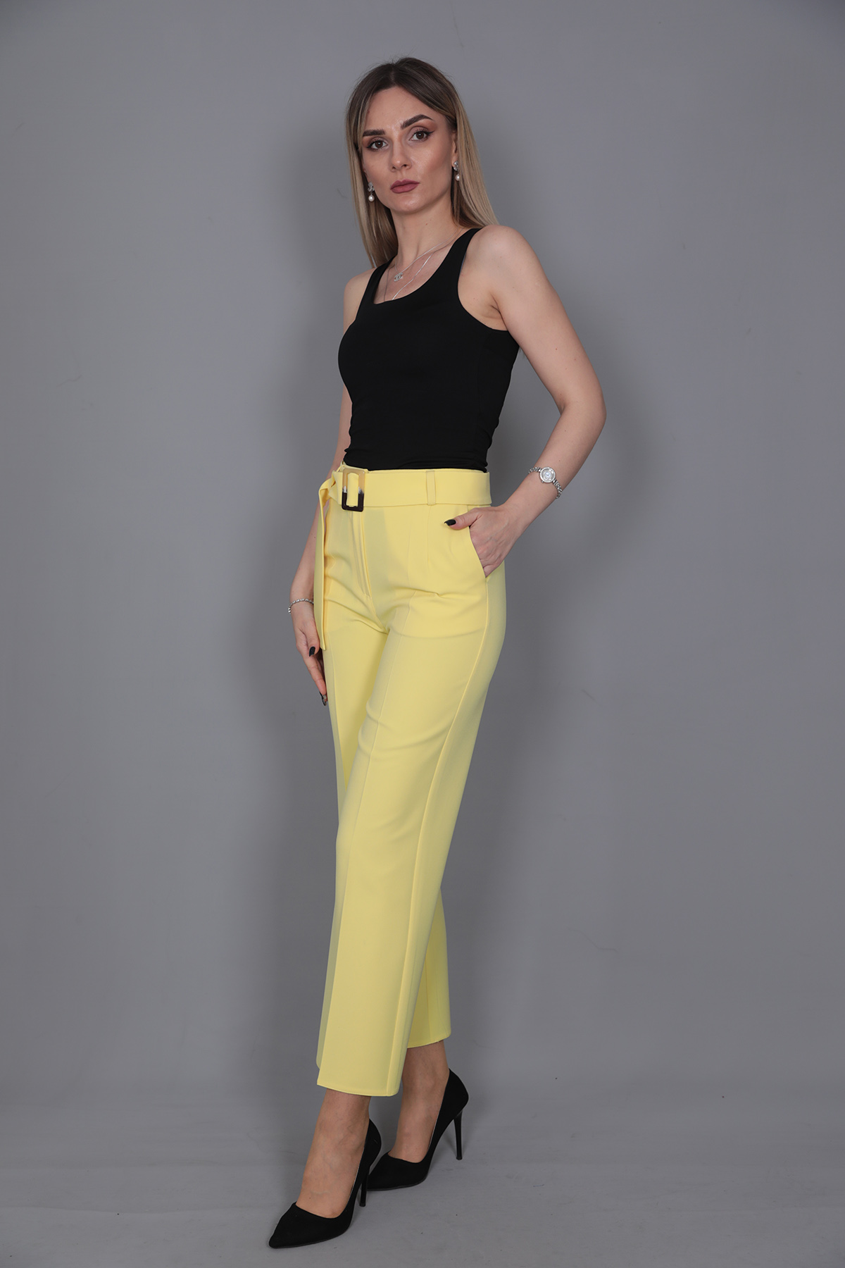 Tokalı Kemerli Pantolon-Sarı - 5028100