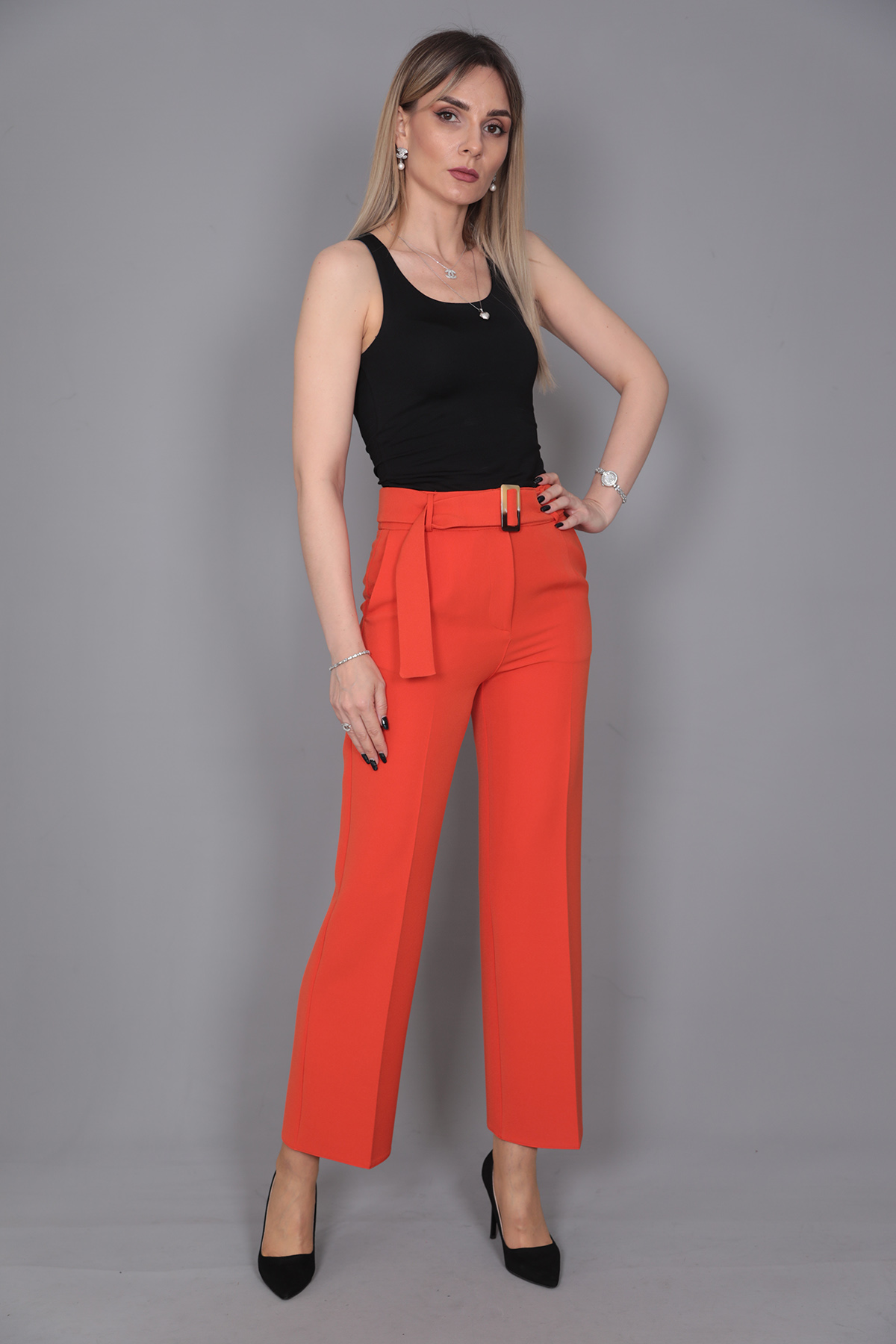Tokalı Kemerli Pantolon-Turuncu - 5028100