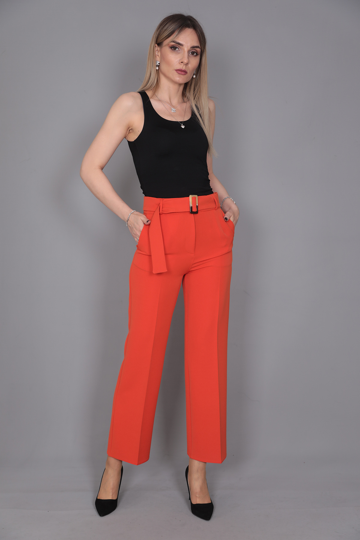 Tokalı Kemerli Pantolon-Turuncu - 5028100