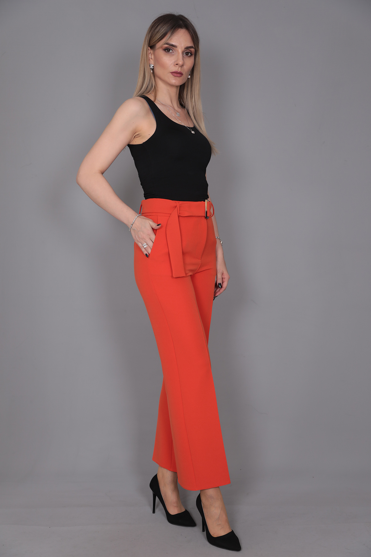 Tokalı Kemerli Pantolon-Turuncu - 5028100