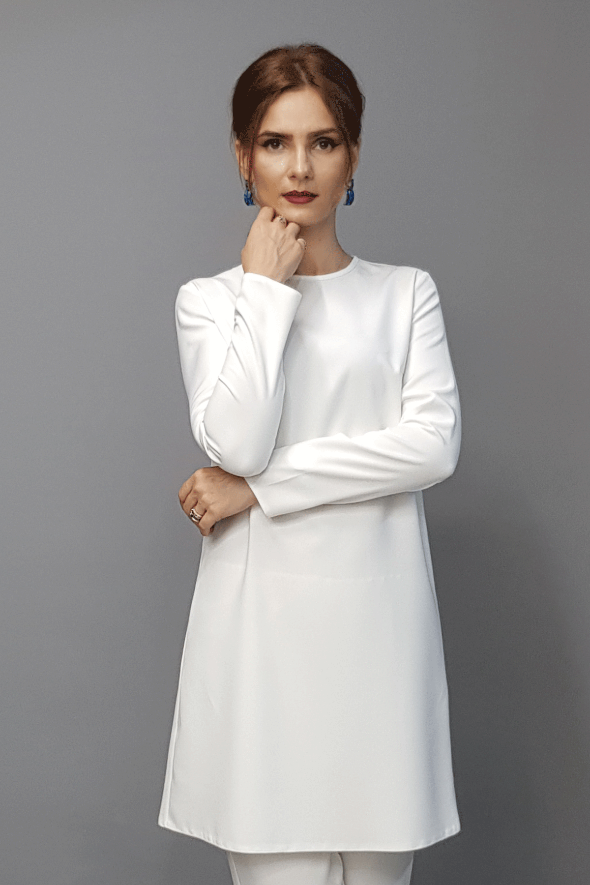 Sıfır Yaka Uzun Kol Bluz- Beyaz