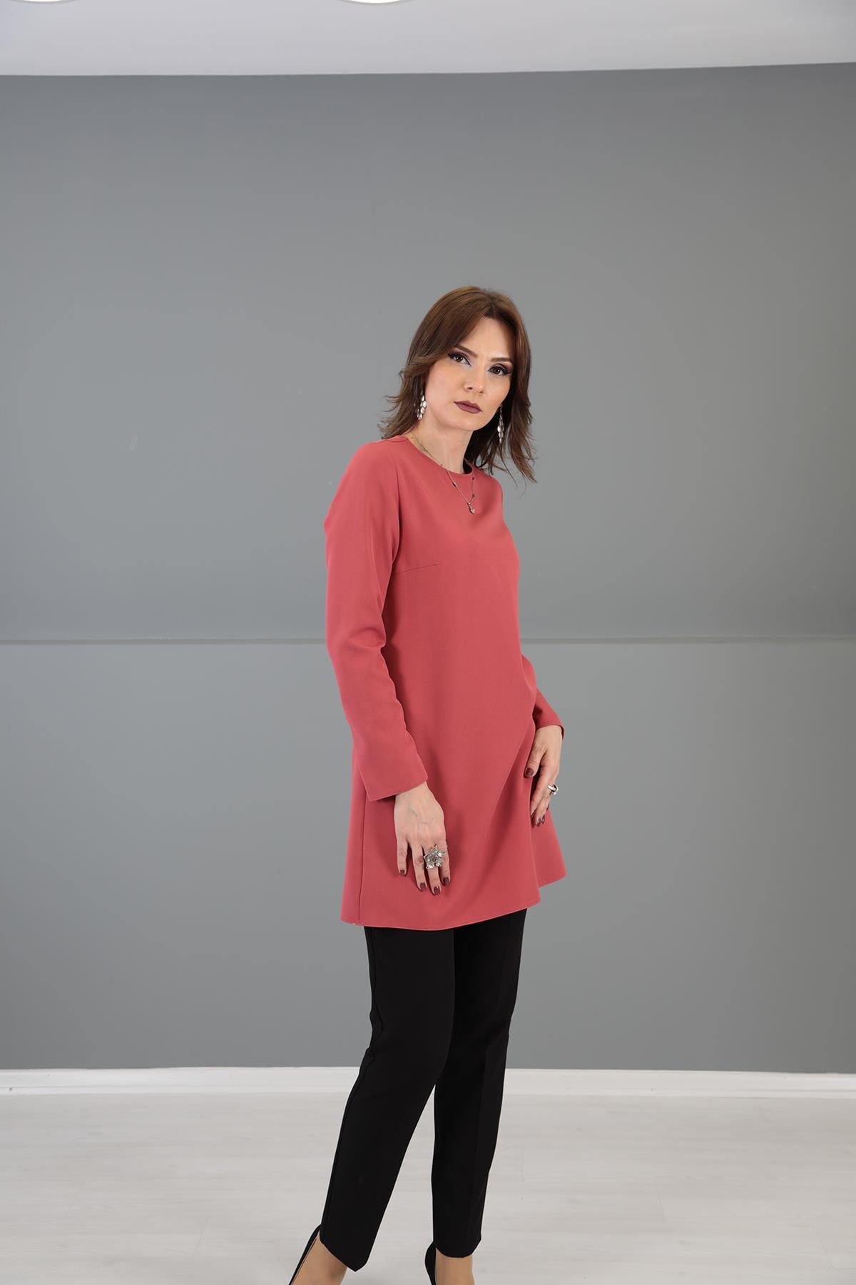 Sıfır Yaka Uzun Kol Bluz-Kiremit - 3002100