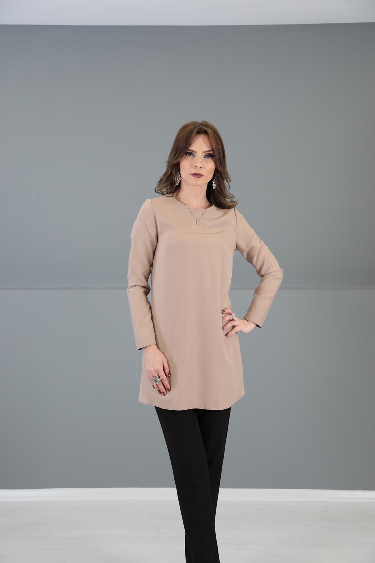 Sıfır Yaka Uzun Kol Bluz-Taş - 3002100