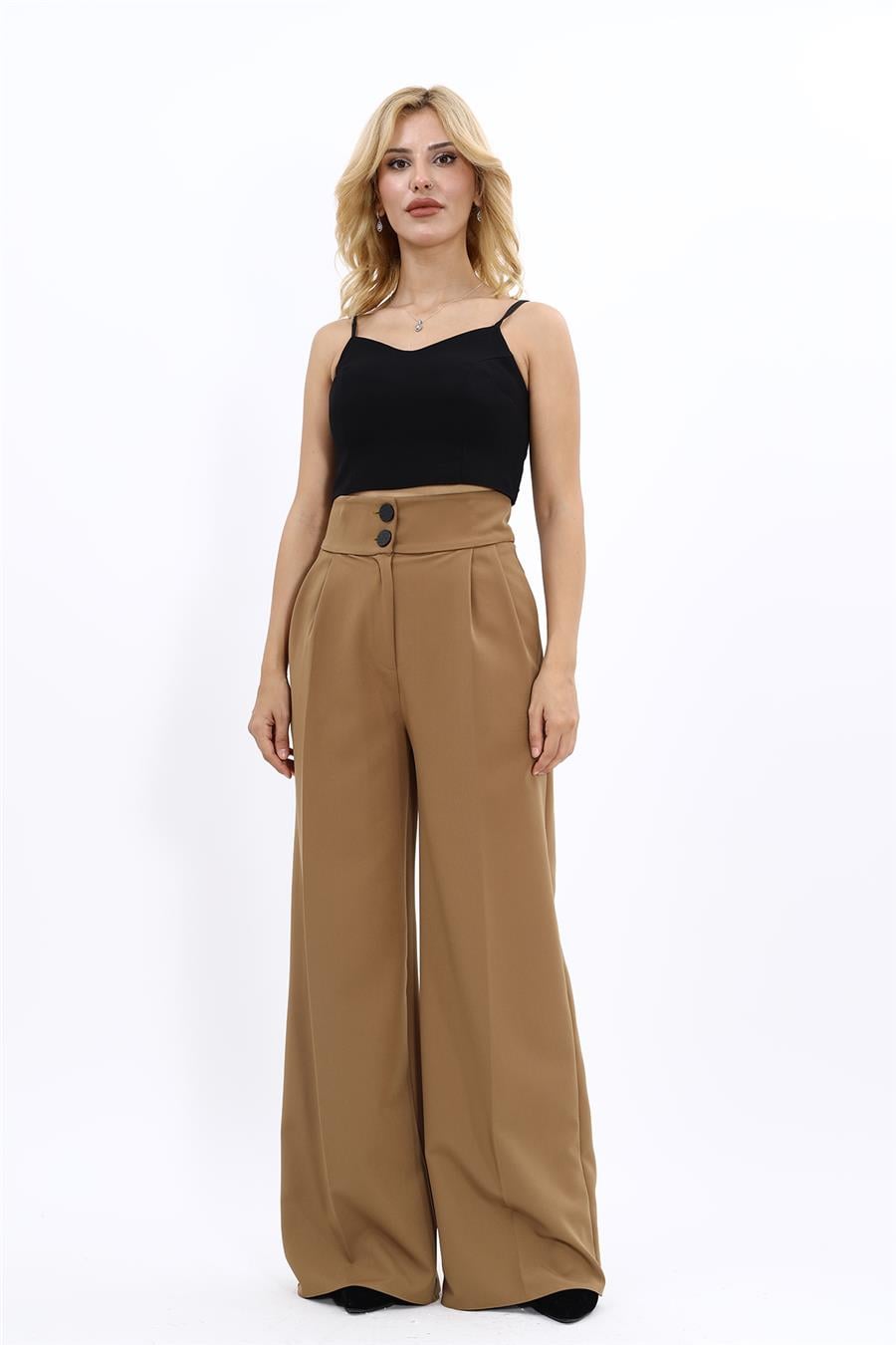 Korsaj Kemer Yüksek Bel Palazzo Pantolon-Camel - 5001100