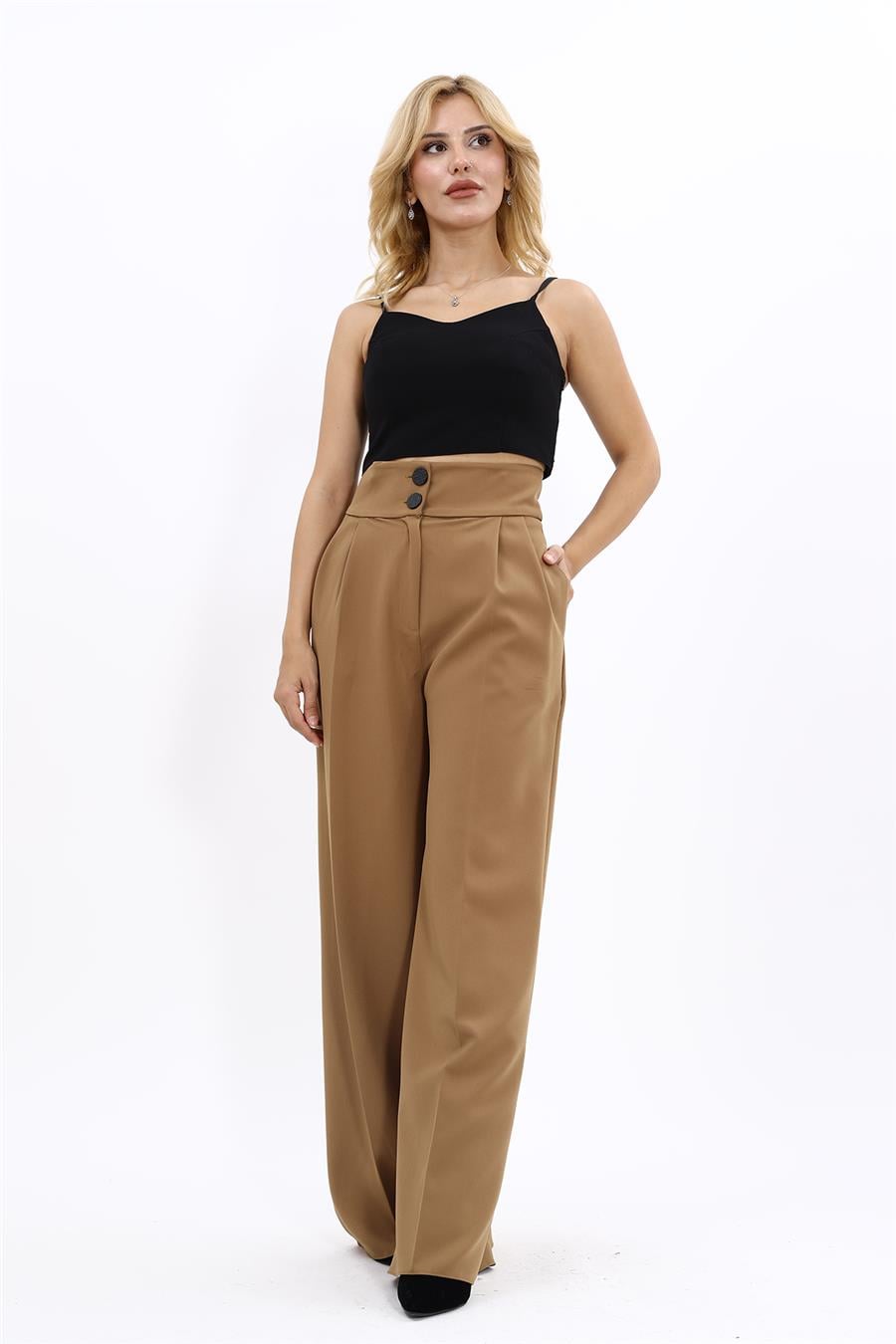 Korsaj Kemer Yüksek Bel Palazzo Pantolon-Camel - 5001100