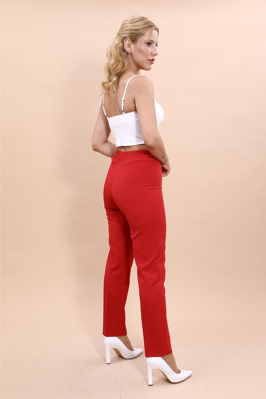 Lastikli Dar Paça Pantolon-Kırmızı - 5014100