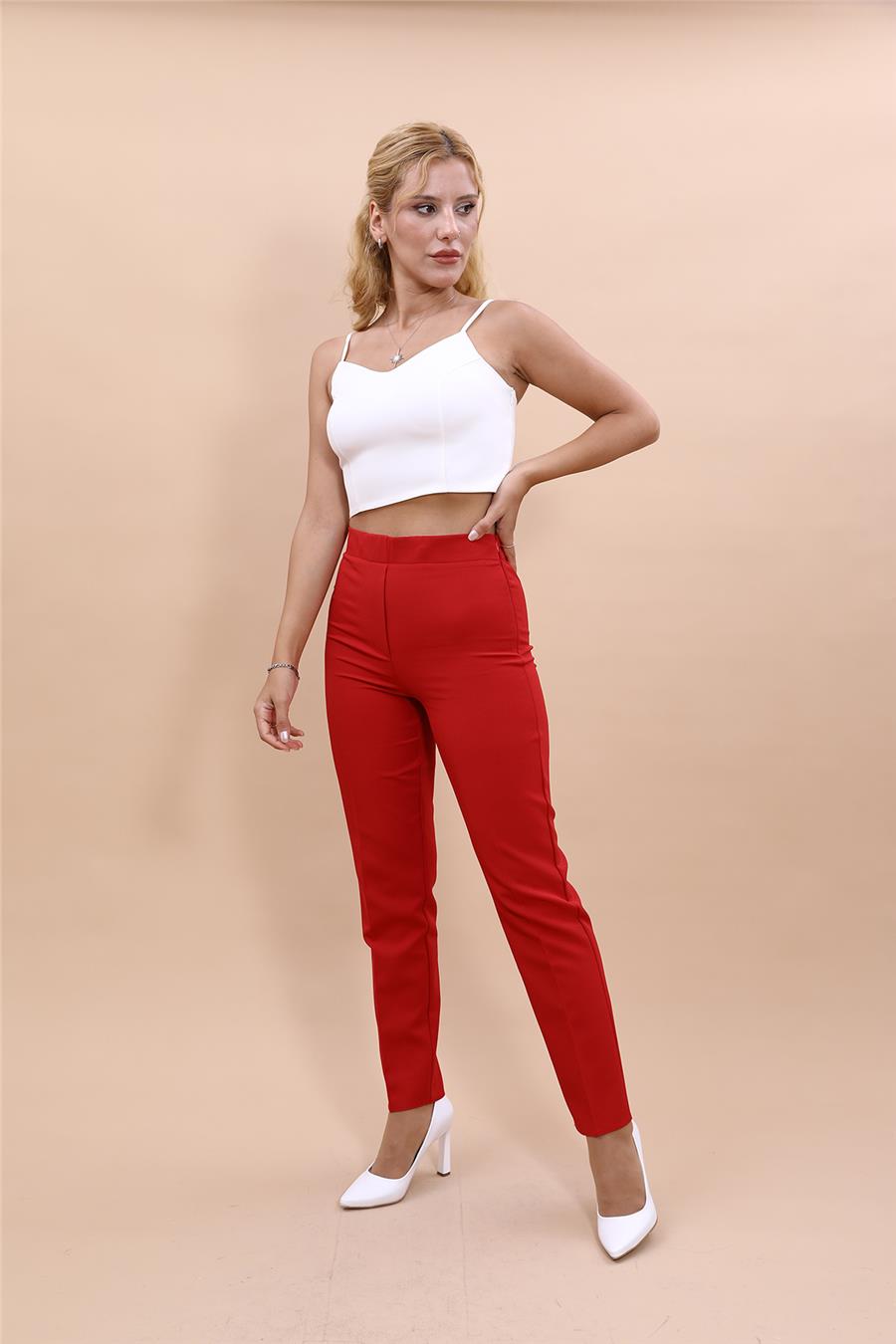 Lastikli Dar Paça Pantolon-Kırmızı - 5014100