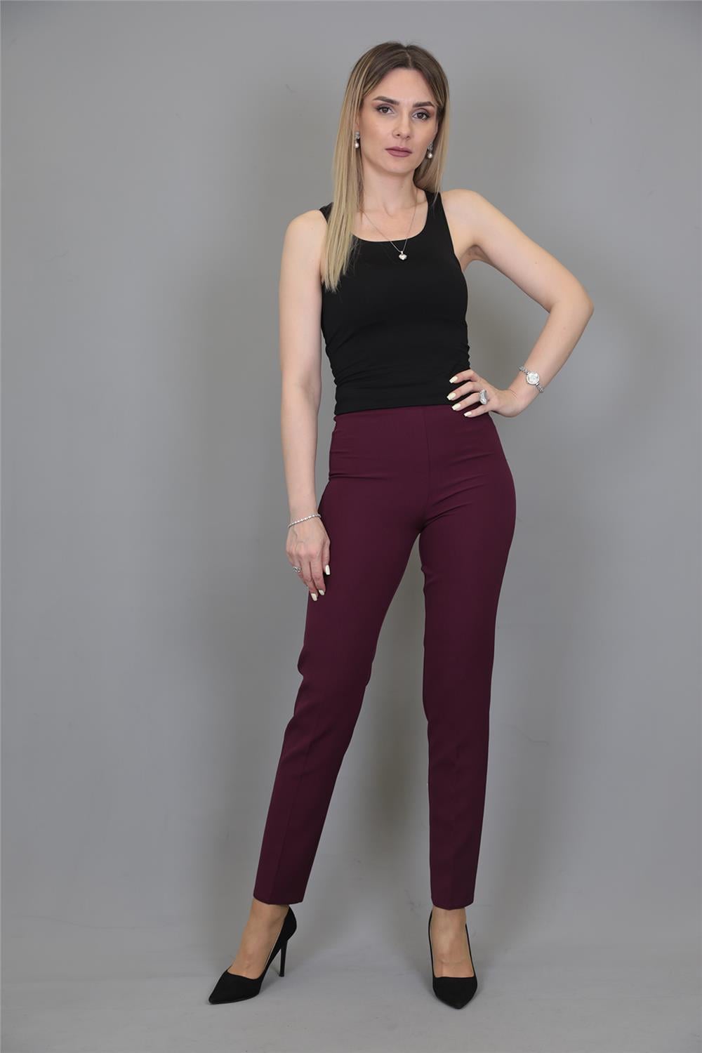 Lastikli Dar Paça Pantolon-Mürdüm - 5014100