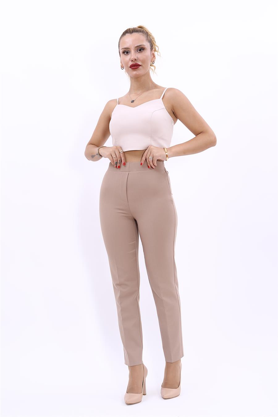Lastikli Dar Paça Pantolon-Taş
