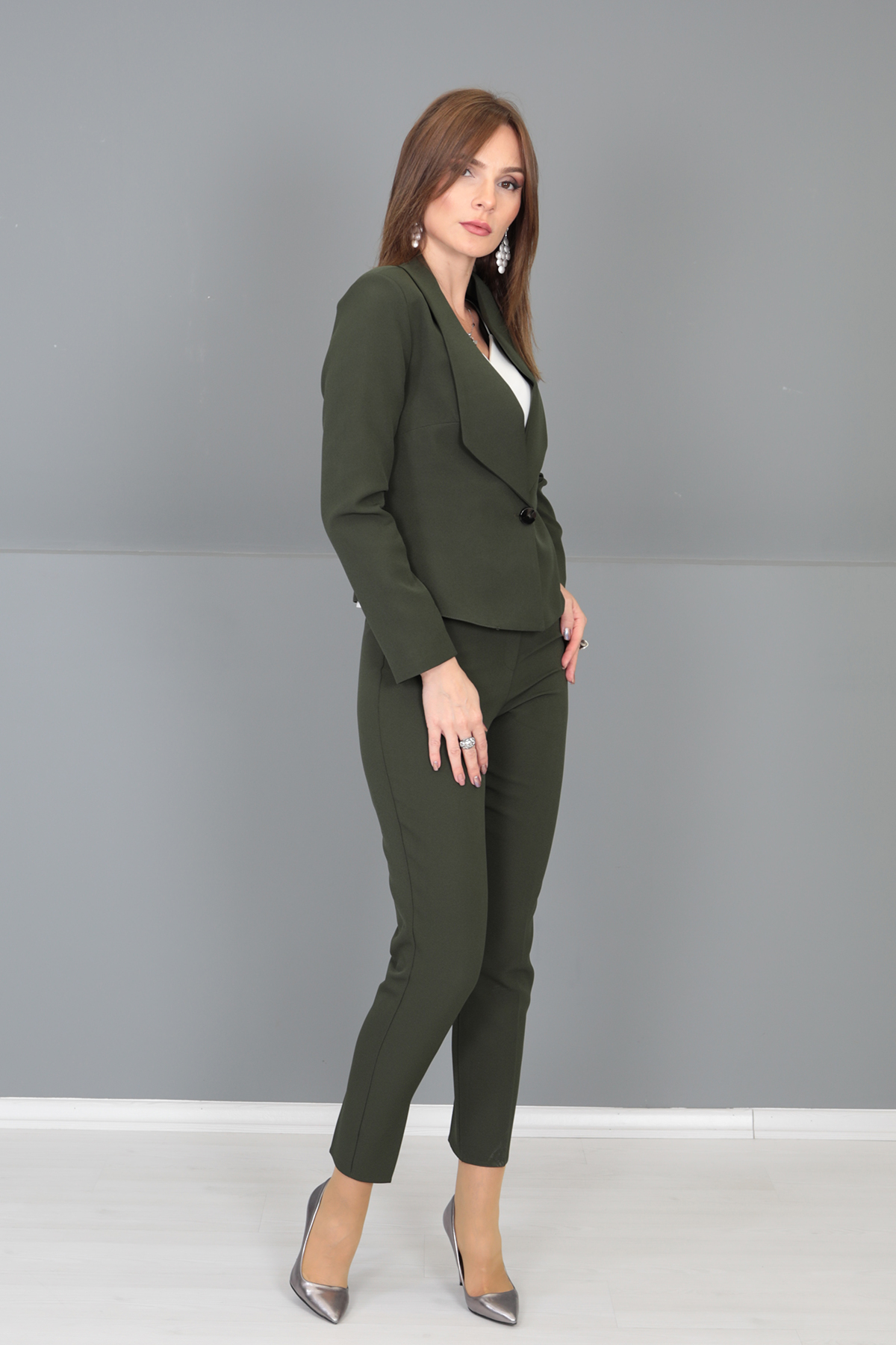 Amerikan Yaka Kısa Klasik Ceket & Dar Paça Pantolon-Haki - 1032510