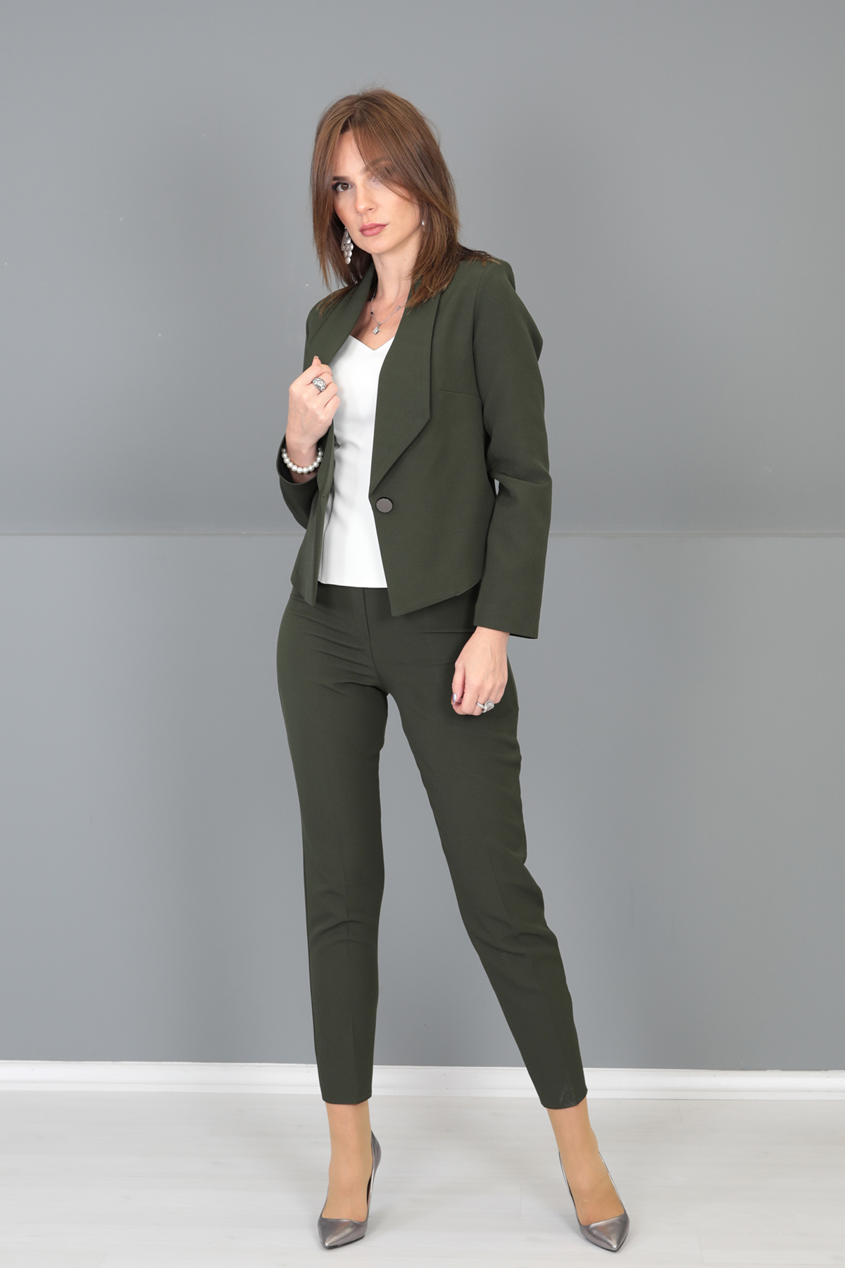 Amerikan Yaka Kısa Klasik Ceket & Dar Paça Pantolon-Haki - 1032510