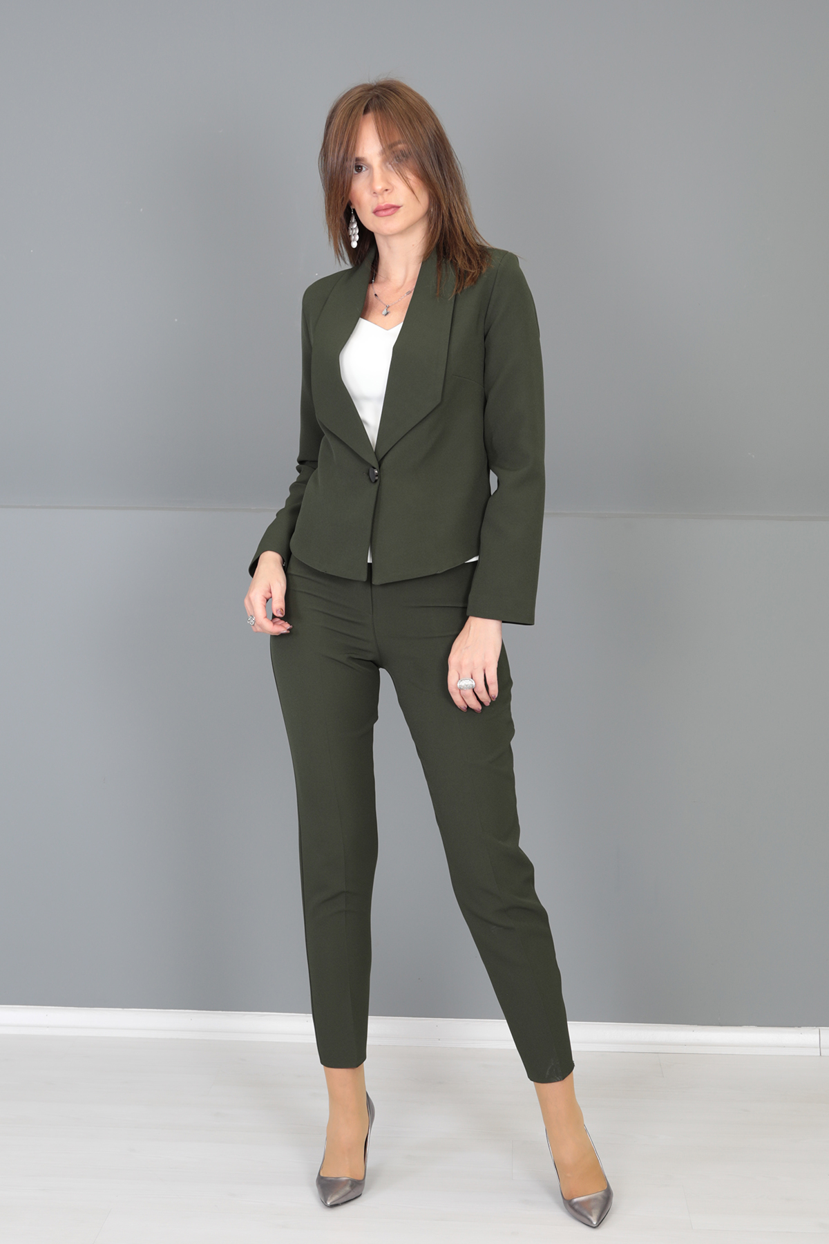 Amerikan Yaka Kısa Klasik Ceket & Dar Paça Pantolon-Haki - 1032510
