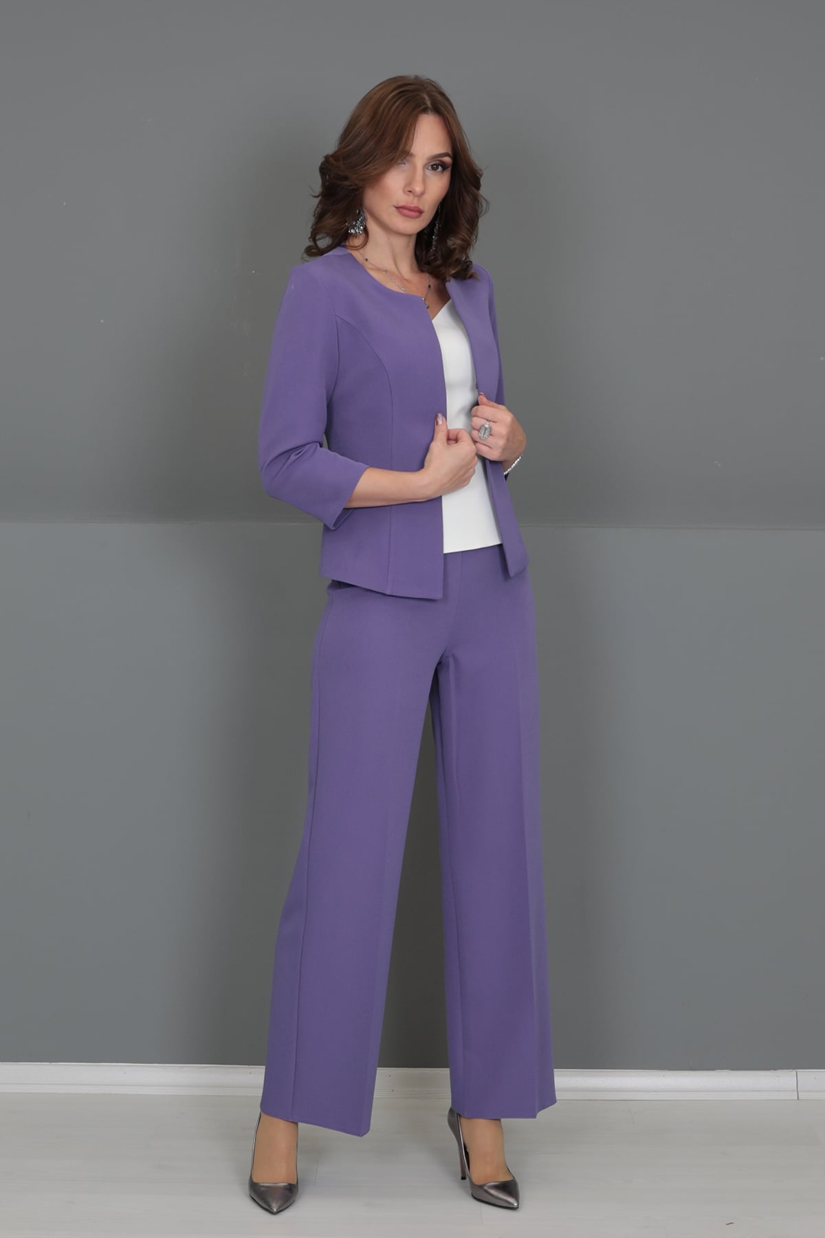 Sıfır Yaka Düz Kısa Ceket & Bol Paça Pantolon Takım-Lila - 1015520