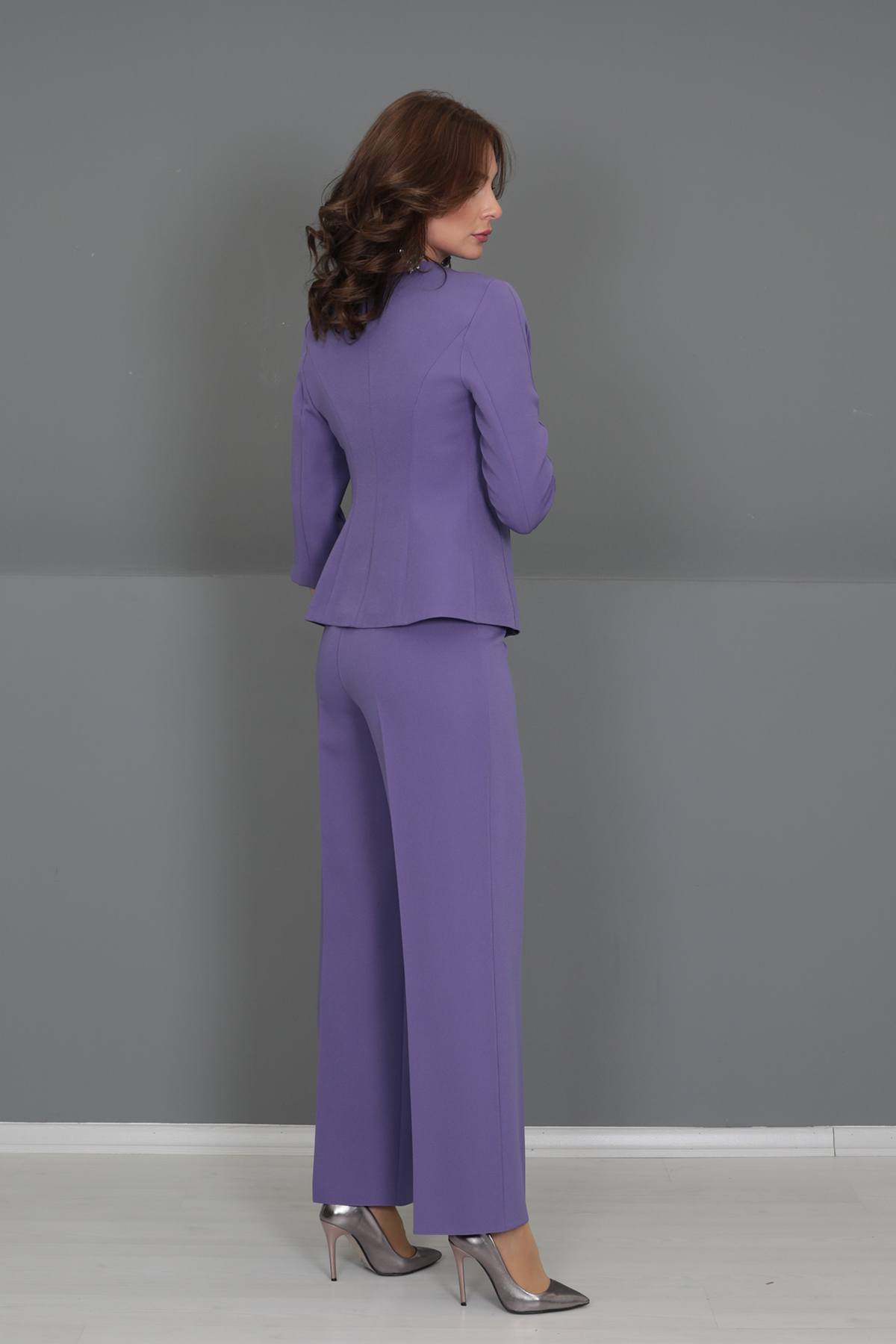 Sıfır Yaka Düz Kısa Ceket & Bol Paça Pantolon Takım-Lila - 1015520
