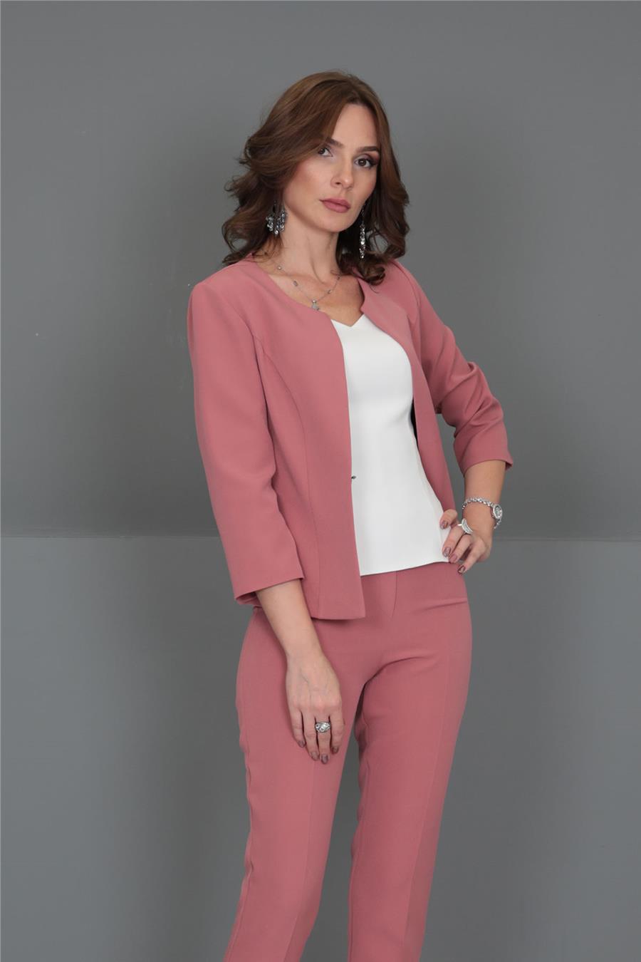 Oval Yaka Kısa Ceket-Gül Kurusu