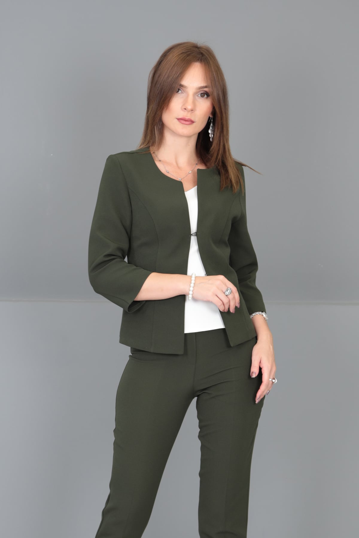 Sıfır Yaka Düz Kısa Ceket-Haki - 1015100