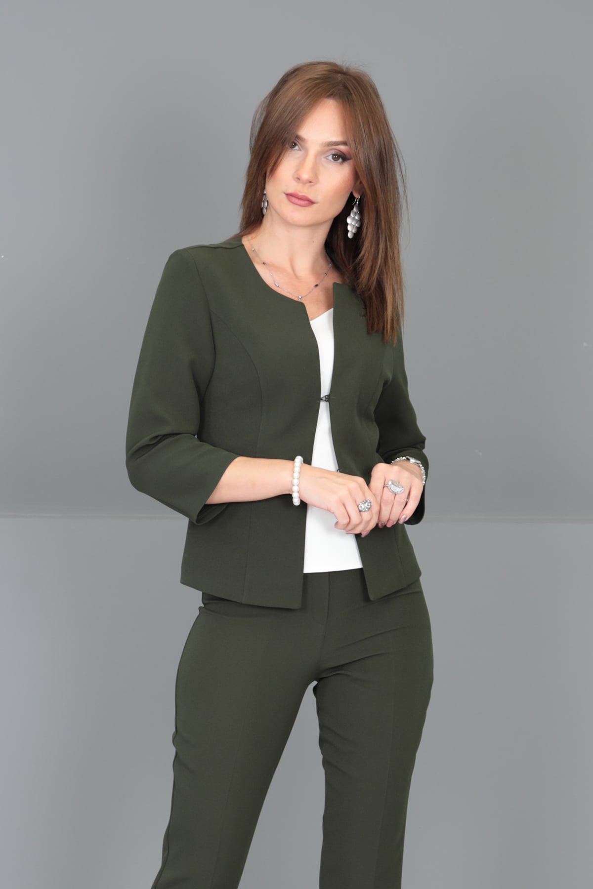 Sıfır Yaka Düz Kısa Ceket-Haki - 1015100