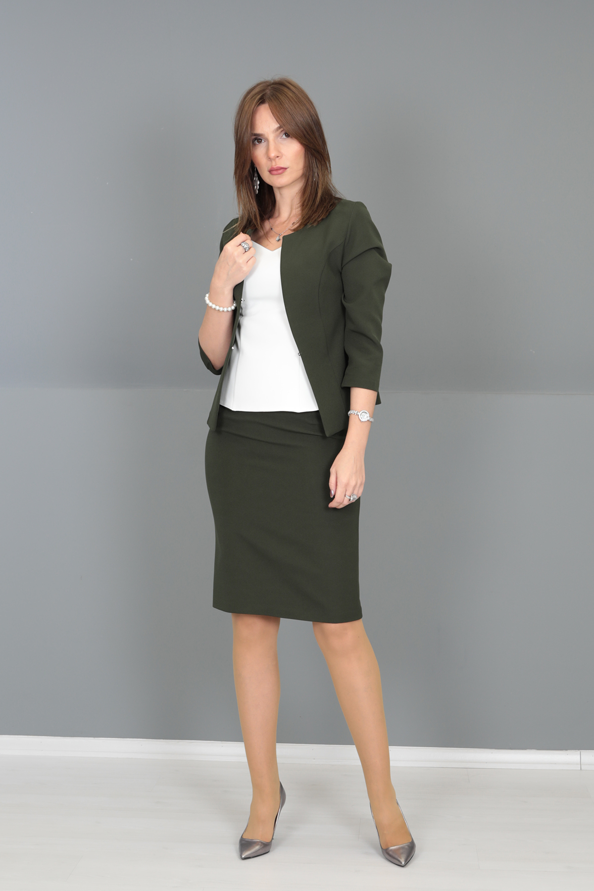Sıfır Yaka Düz Kısa Ceket & Düz Dar Etek-Haki - 1015540
