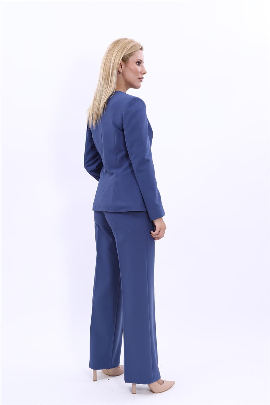 Oval Yaka Yandan Kuplu Klasik Ceket & Bol Paça Pantolon-İndigo - 1043520