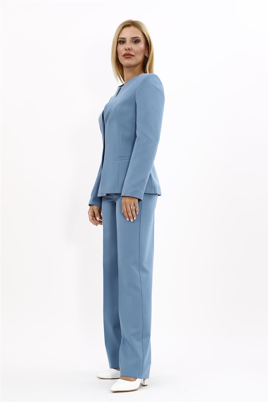 Oval Yaka Yandan Kuplu Klasik Ceket & Bol Paça Pantolon-Deniz - 1043520