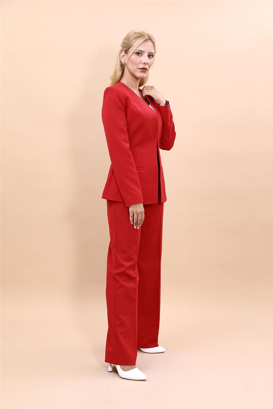 Oval Yaka Yandan Kuplu Klasik Ceket & Bol Paça Pantolon-Kırmızı - 1043520