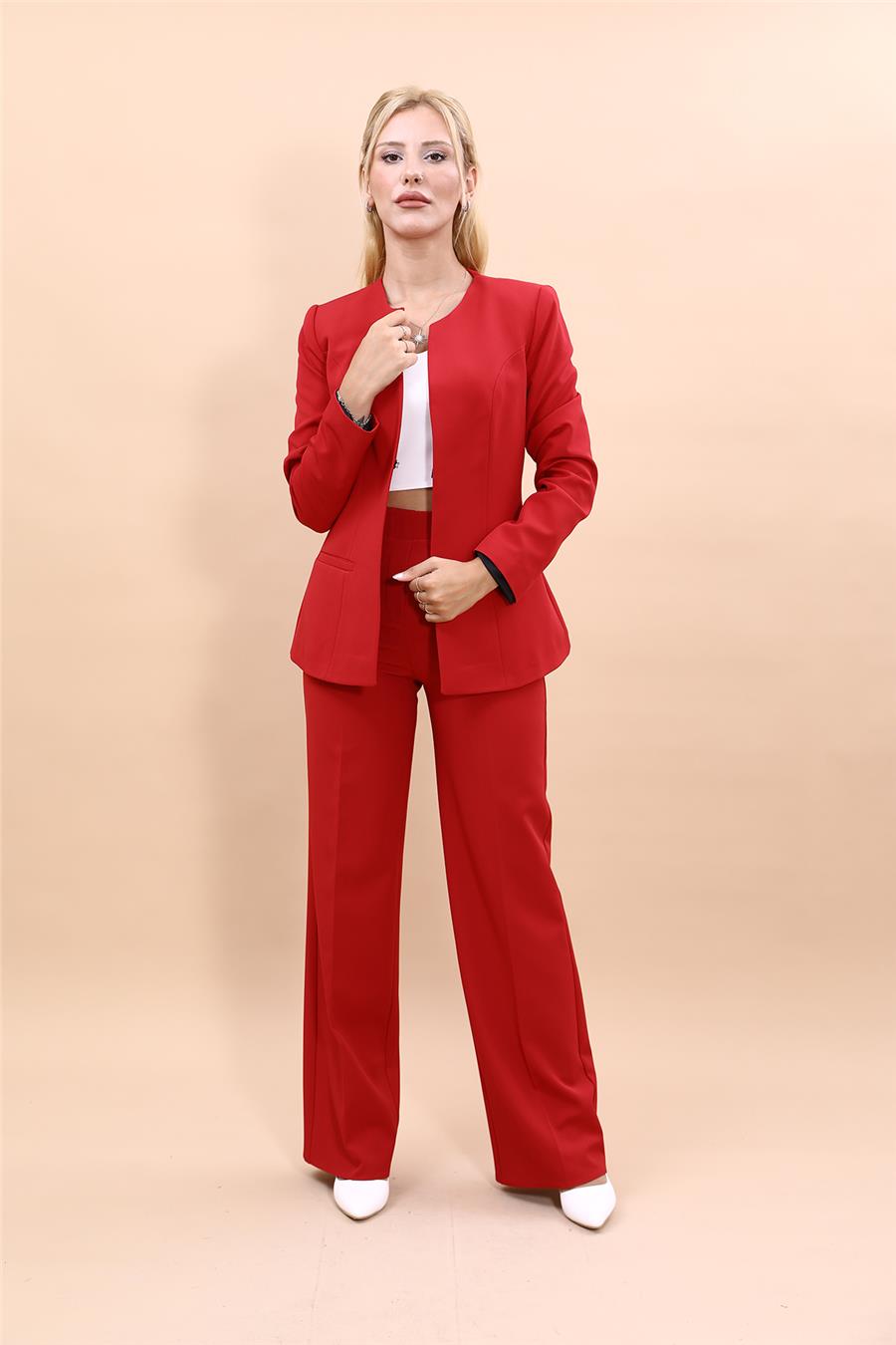 Oval Yaka Yandan Kuplu Klasik Ceket & Bol Paça Pantolon-Kırmızı - 1043520