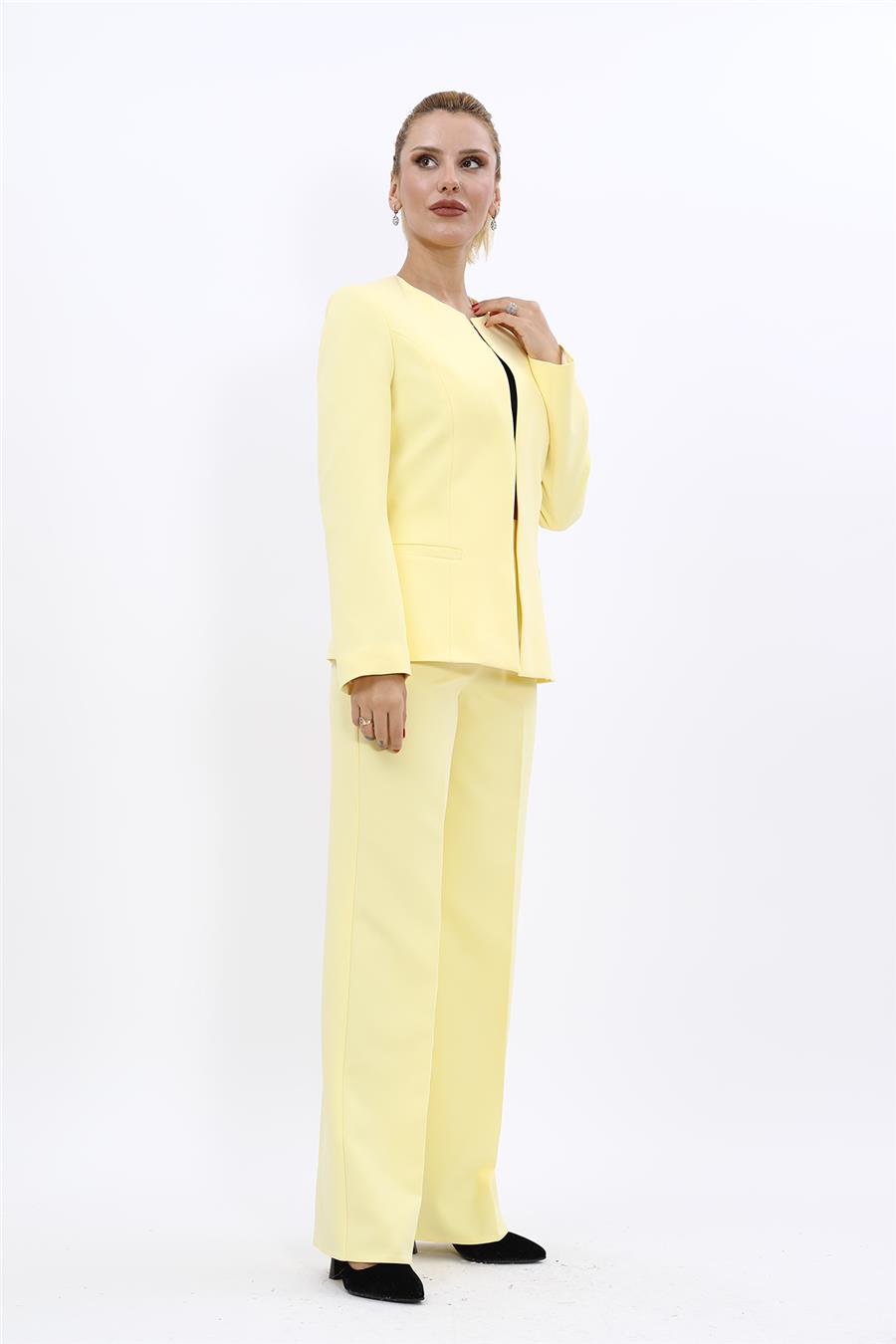 Oval Yaka Yandan Kuplu Klasik Ceket & Bol Paça Pantolon-Sarı - 1043520