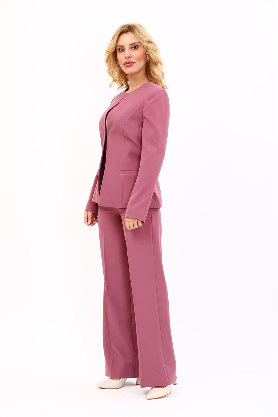 Oval Yaka Yandan Kuplu Klasik Ceket & Bol Paça Pantolon-Rose