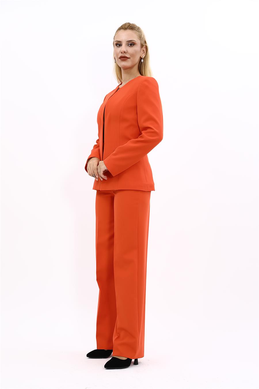 Oval Yaka Yandan Kuplu Klasik Ceket & Bol Paça Pantolon-Turuncu - 1043520