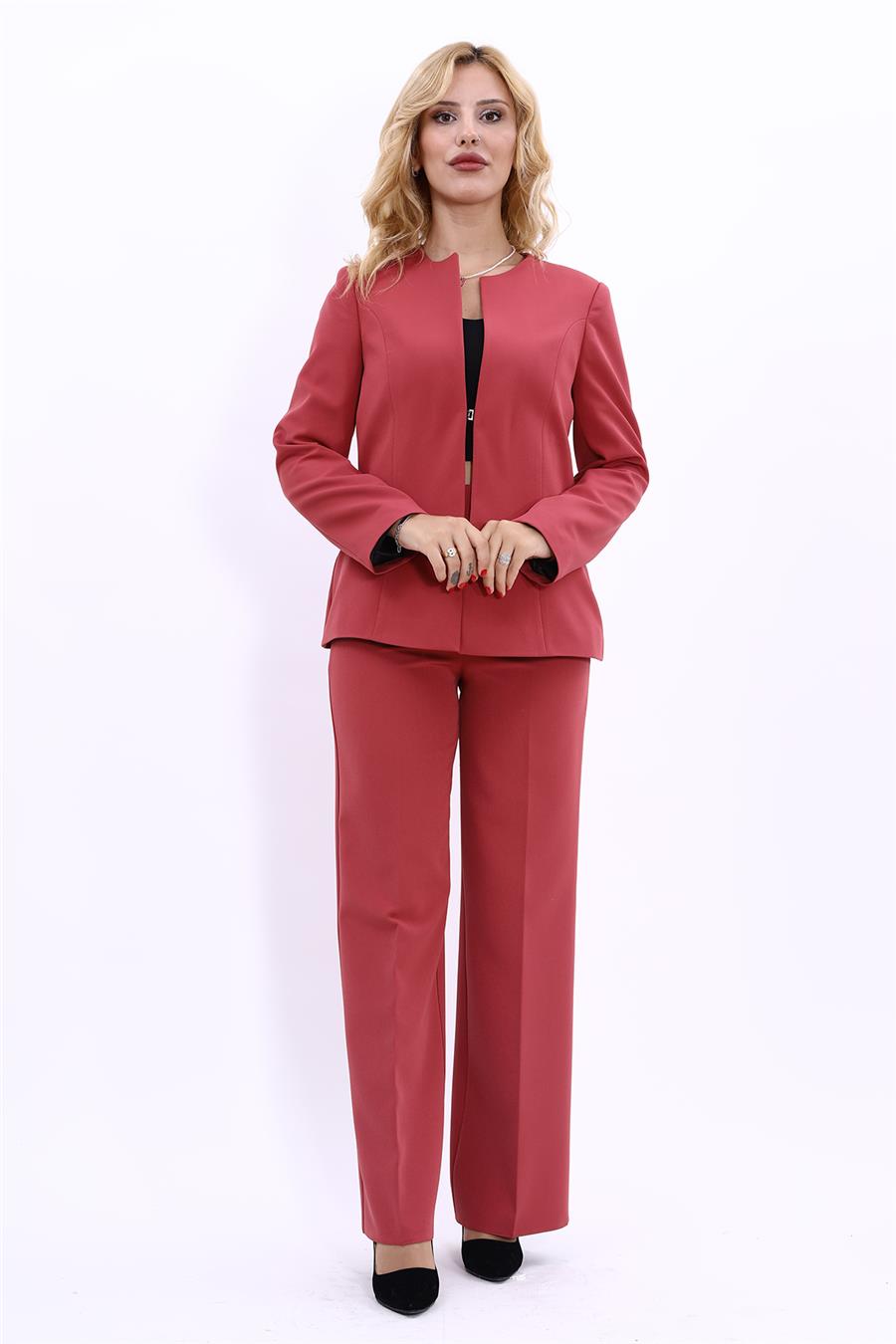Oval Yaka Yandan Kuplu Klasik Ceket & Bol Paça Pantolon-Kiremit - 1043520