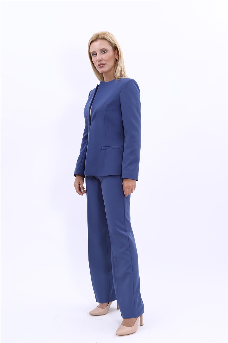 Oval Yaka Yandan Kuplu Klasik Ceket & Bol Paça Pantolon-İndigo - 1043520