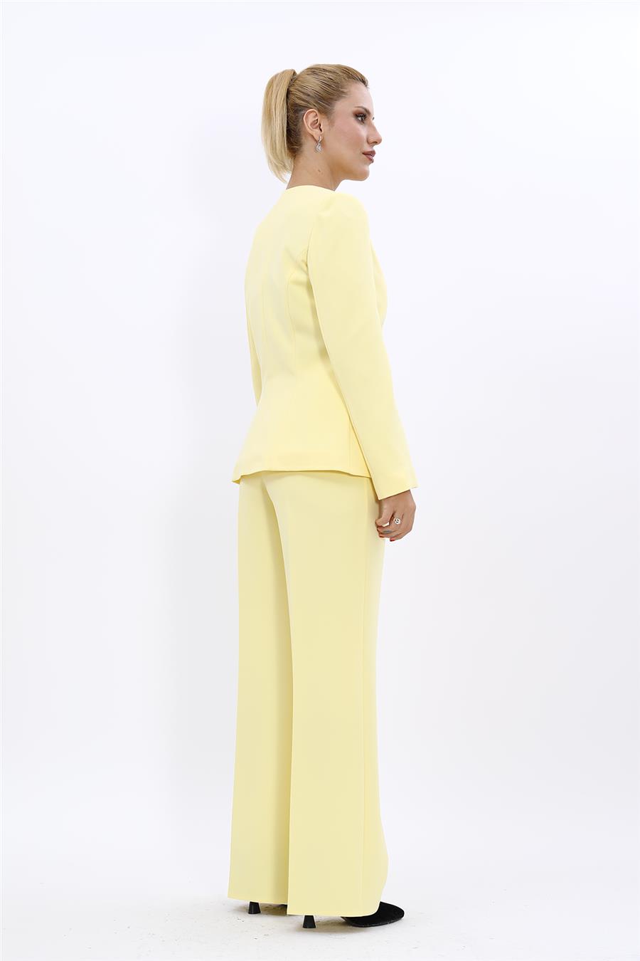 Oval Yaka Yandan Kuplu Klasik Ceket & Bol Paça Pantolon-Sarı - 1043520