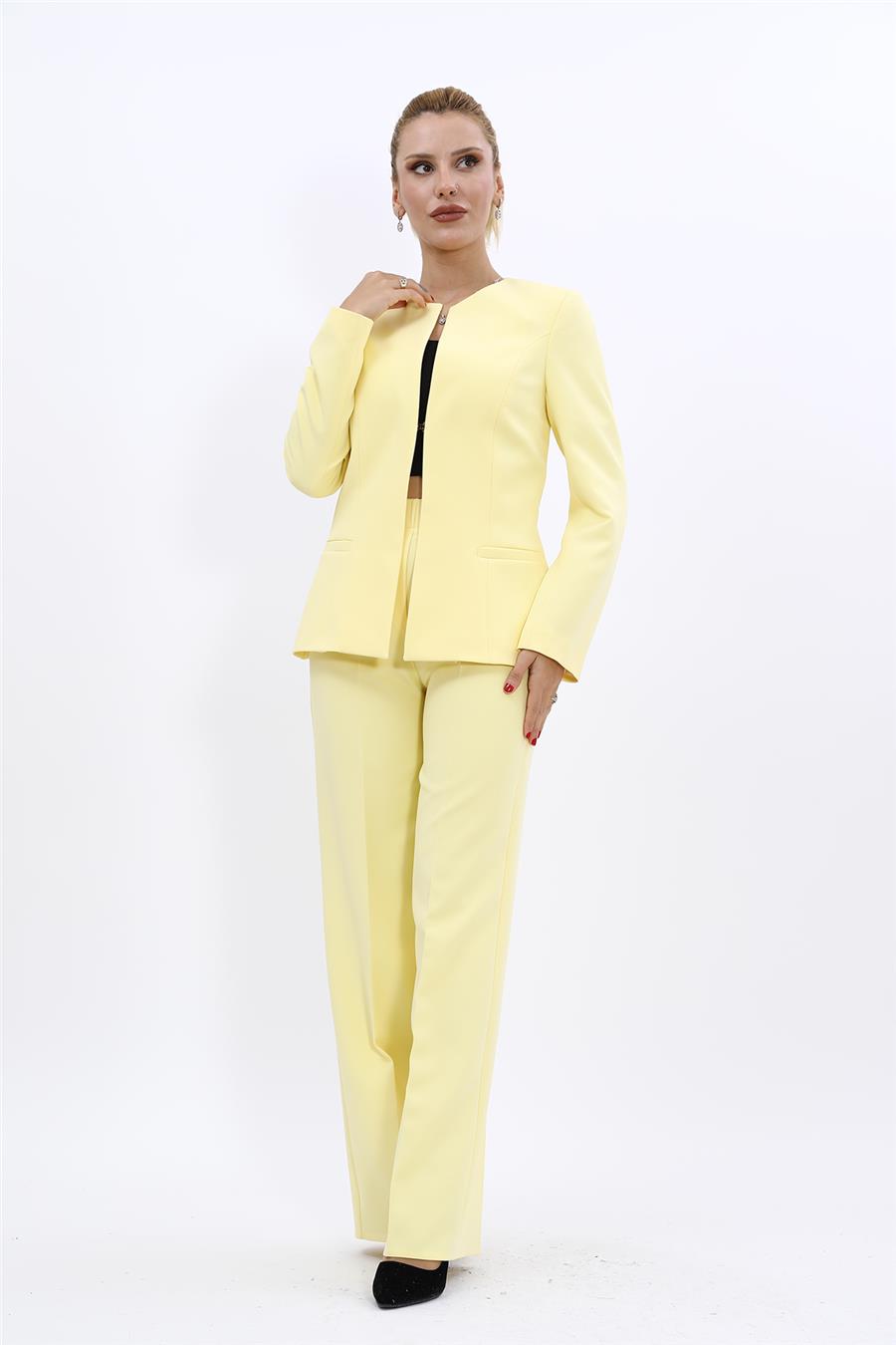 Oval Yaka Yandan Kuplu Klasik Ceket & Bol Paça Pantolon-Sarı - 1043520