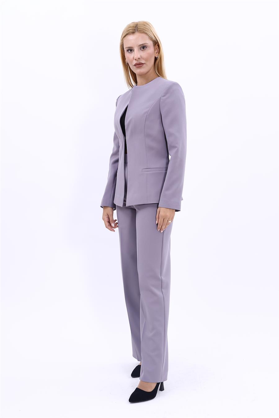 Oval Yaka Yandan Kuplu Klasik Ceket & Bol Paça Pantolon-Antrasit - 1043520