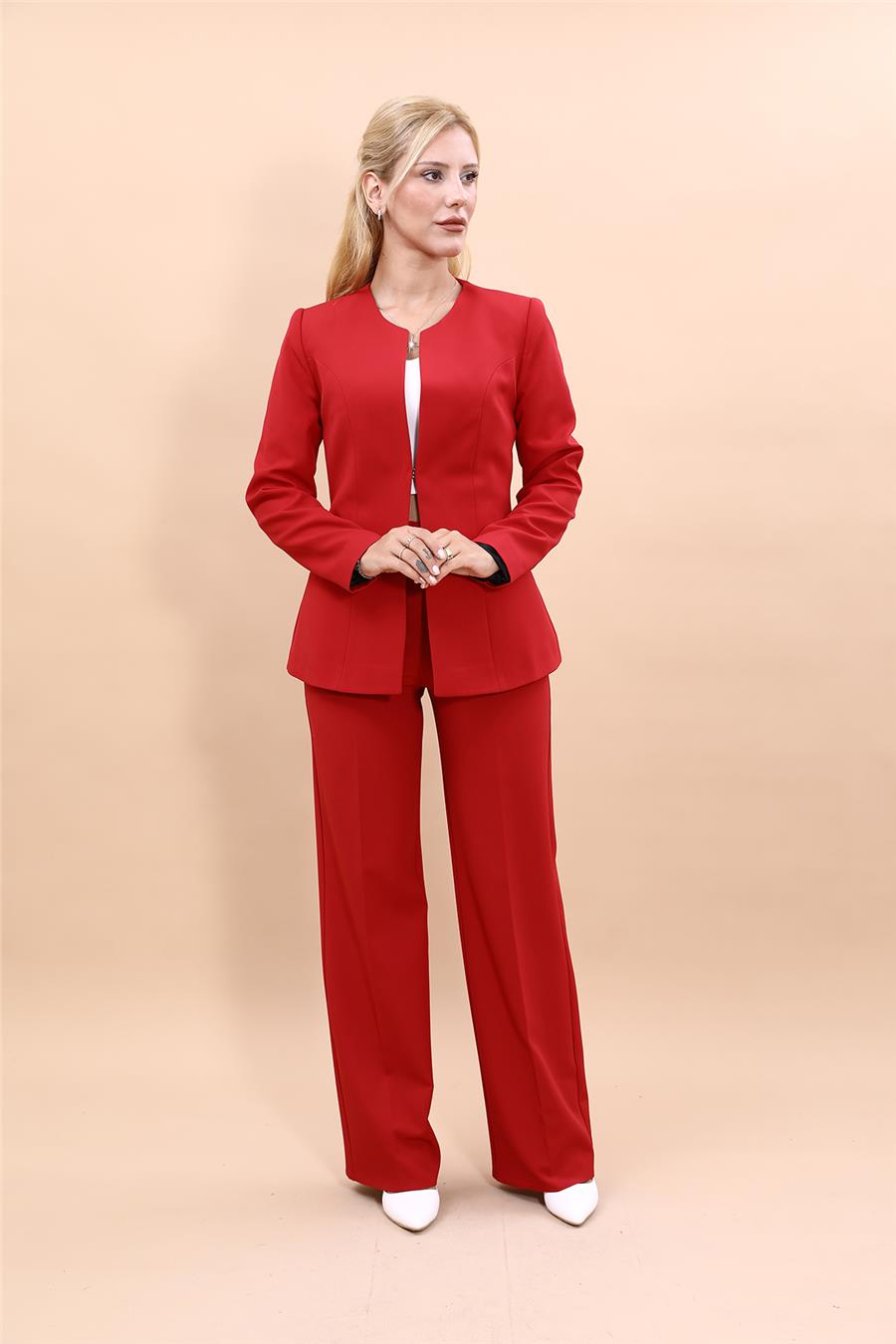 Oval Yaka Yandan Kuplu Klasik Ceket & Bol Paça Pantolon-Kırmızı - 1043520