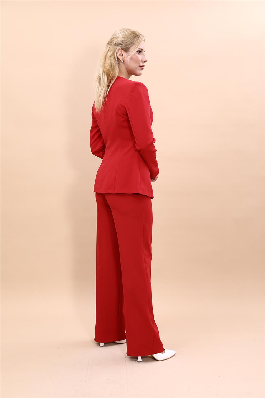 Oval Yaka Yandan Kuplu Klasik Ceket & Bol Paça Pantolon-Kırmızı - 1043520