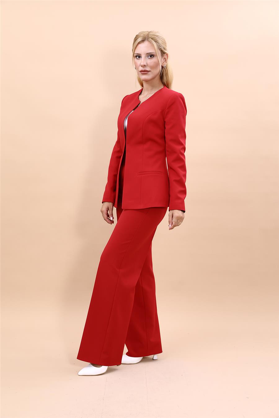 Oval Yaka Yandan Kuplu Klasik Ceket & Bol Paça Pantolon-Kırmızı - 1043520