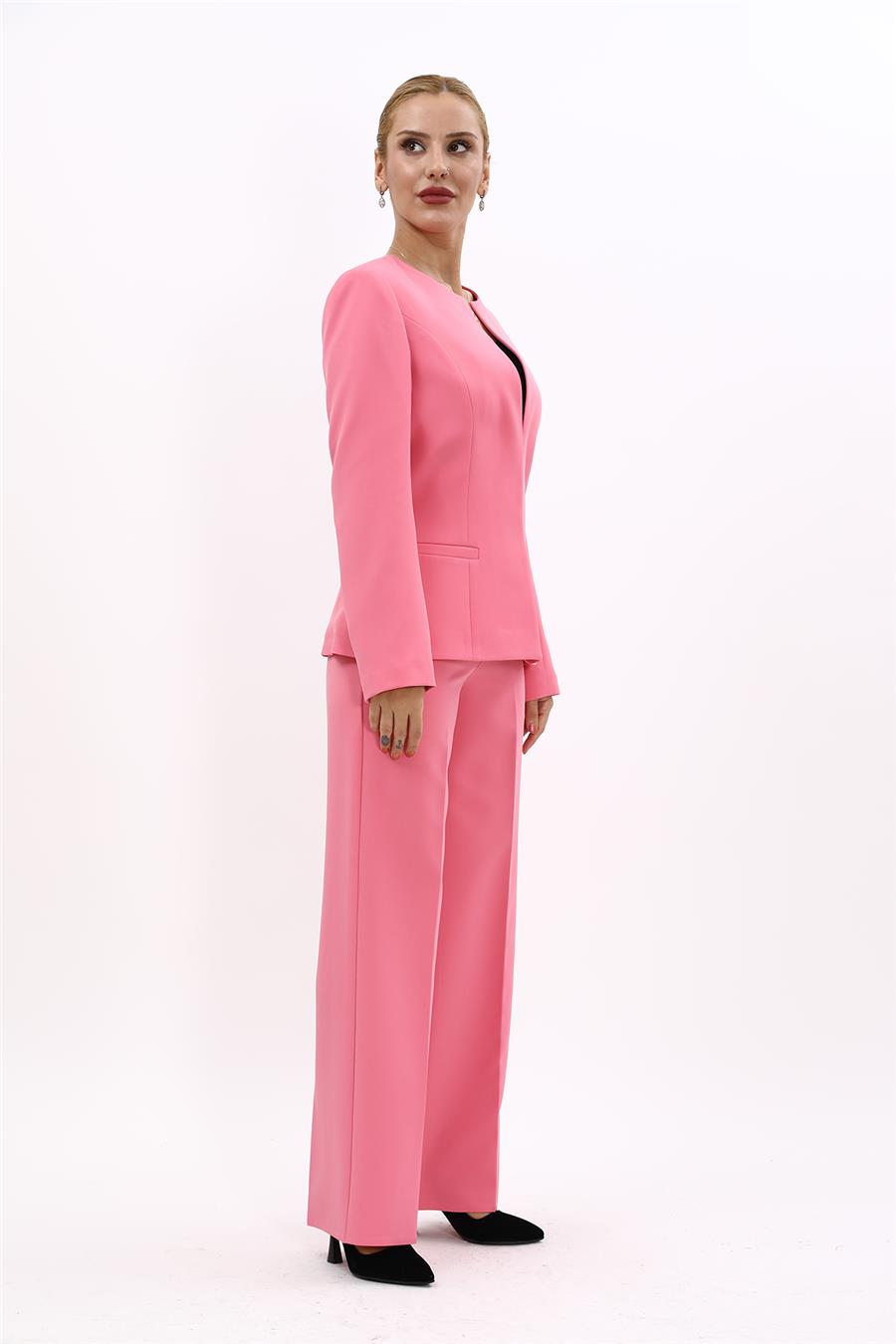 Oval Yaka Yandan Kuplu Klasik Ceket & Bol Paça Pantolon-Pembe - 1043520