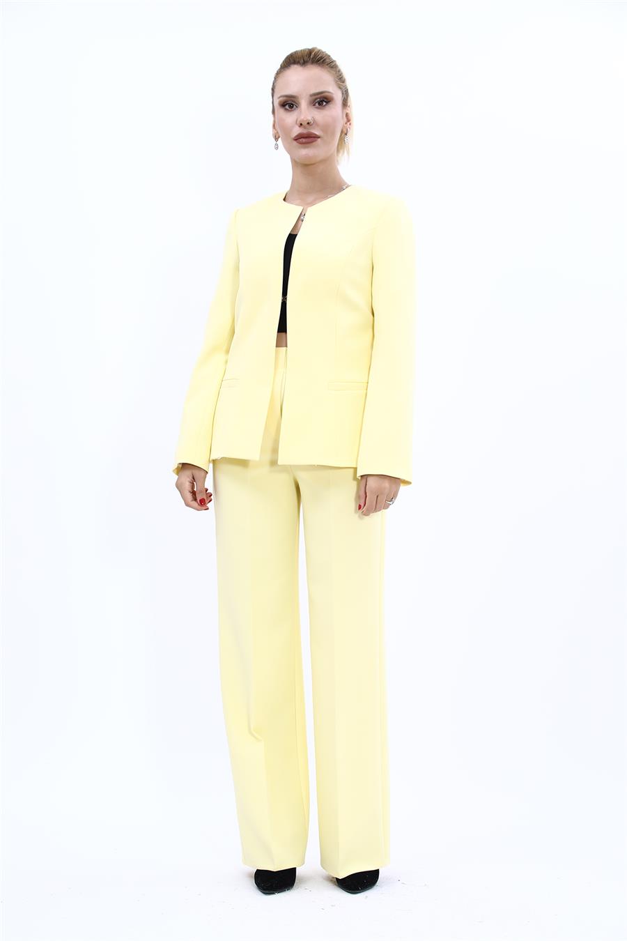 Oval Yaka Yandan Kuplu Klasik Ceket & Bol Paça Pantolon-Sarı - 1043520