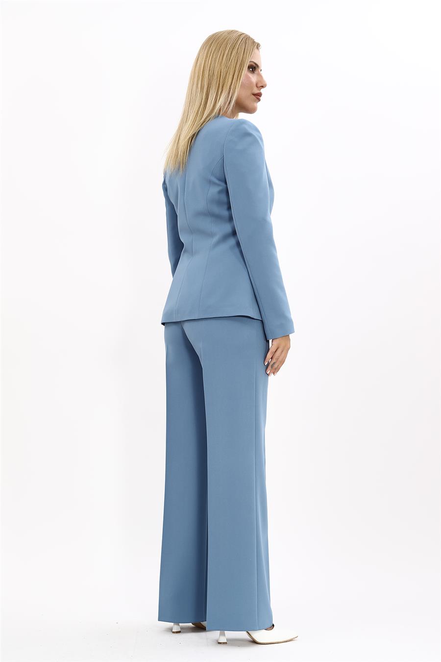 Oval Yaka Yandan Kuplu Klasik Ceket & Bol Paça Pantolon-Deniz - 1043520