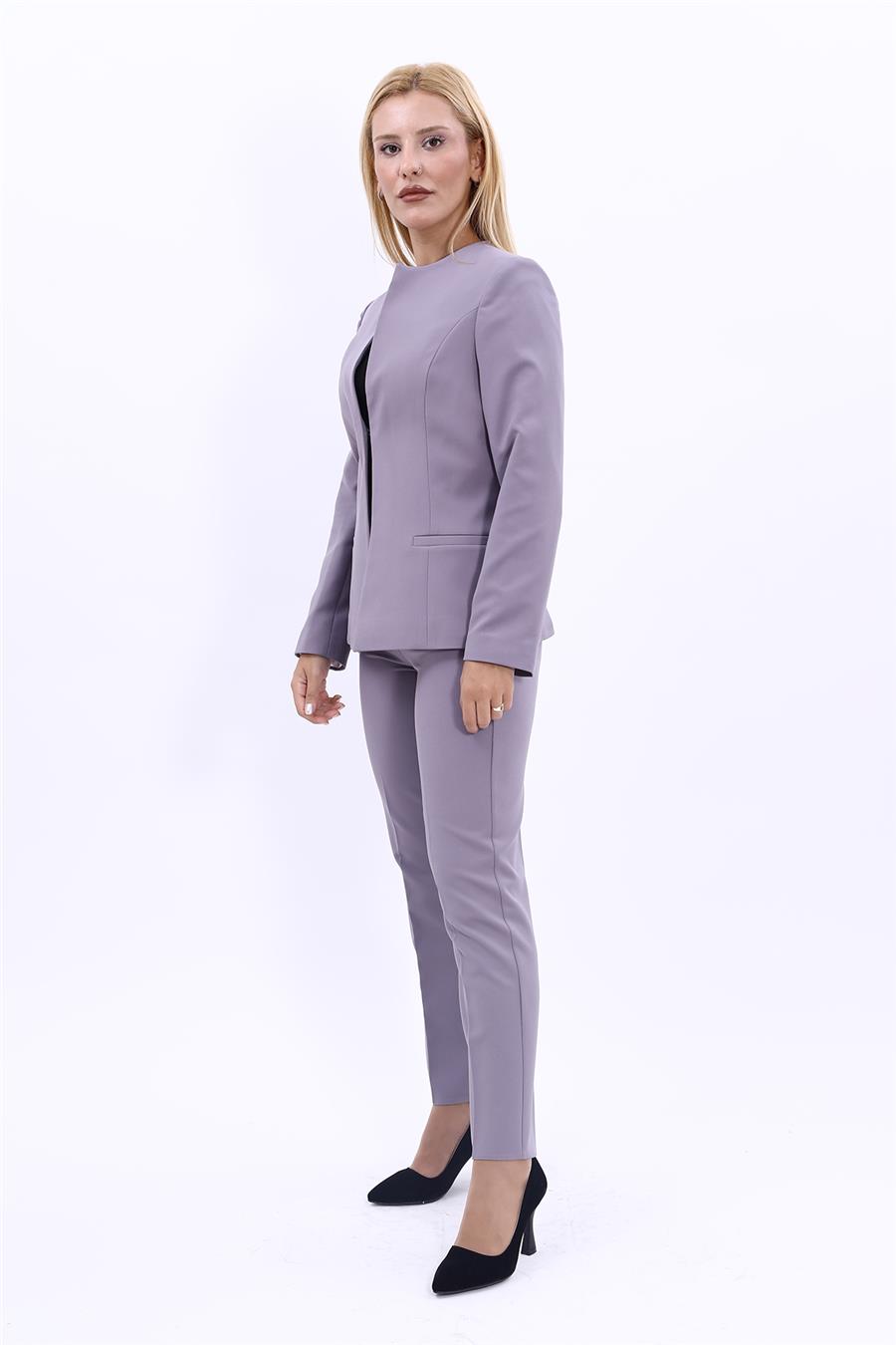 Oval Yaka Yandan Kuplu Klasik Ceket & Dar Paça Pantolon-Antrasit - 1043510