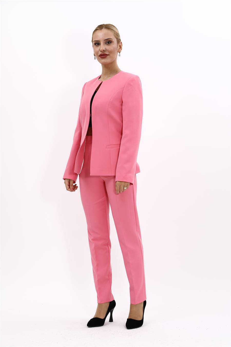 Oval Yaka Yandan Kuplu Klasik Ceket & Dar Paça Pantolon-Pembe - 1043510