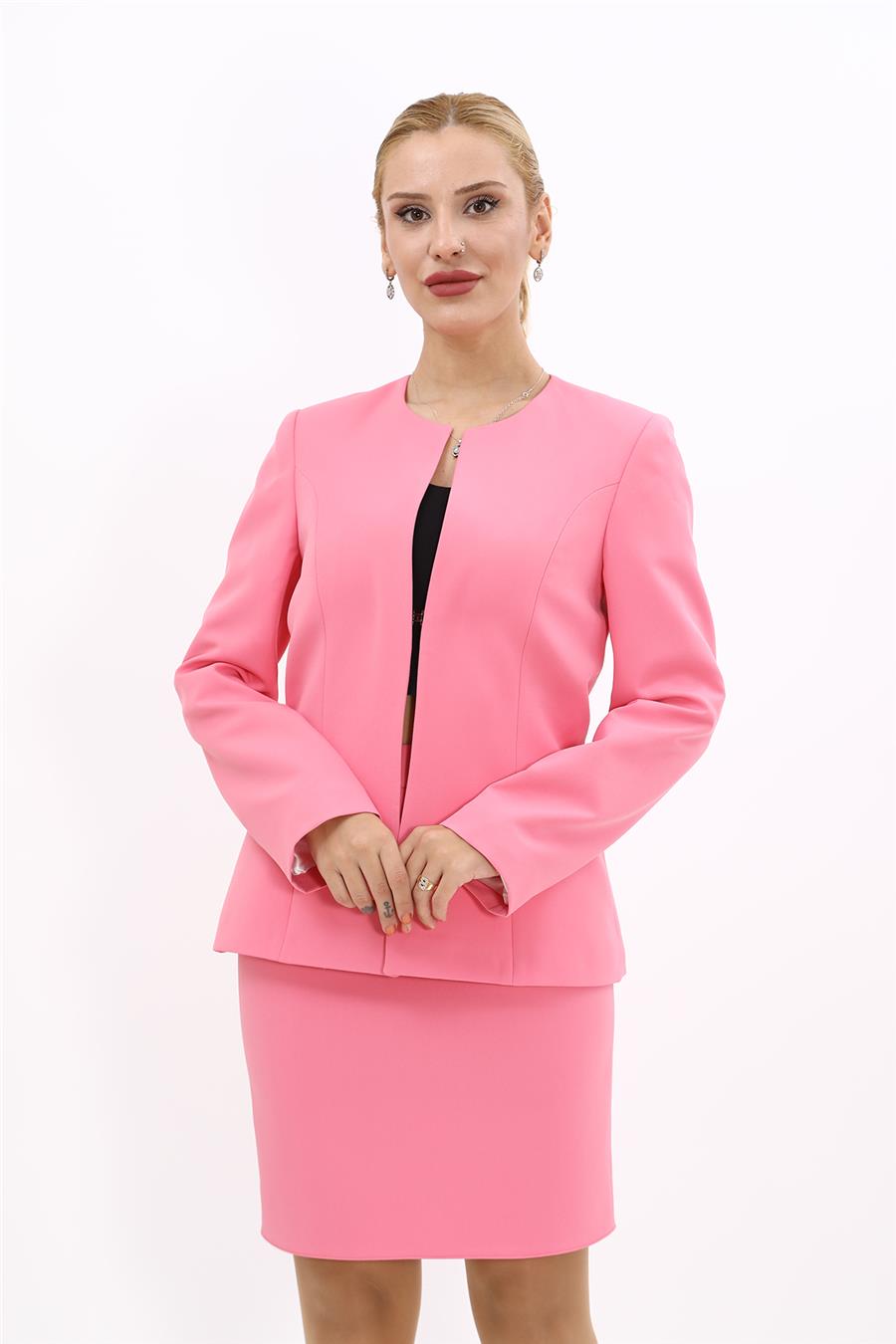 Oval Yaka Yandan Kuplu Klasik Ceket-Pembe - 1043100