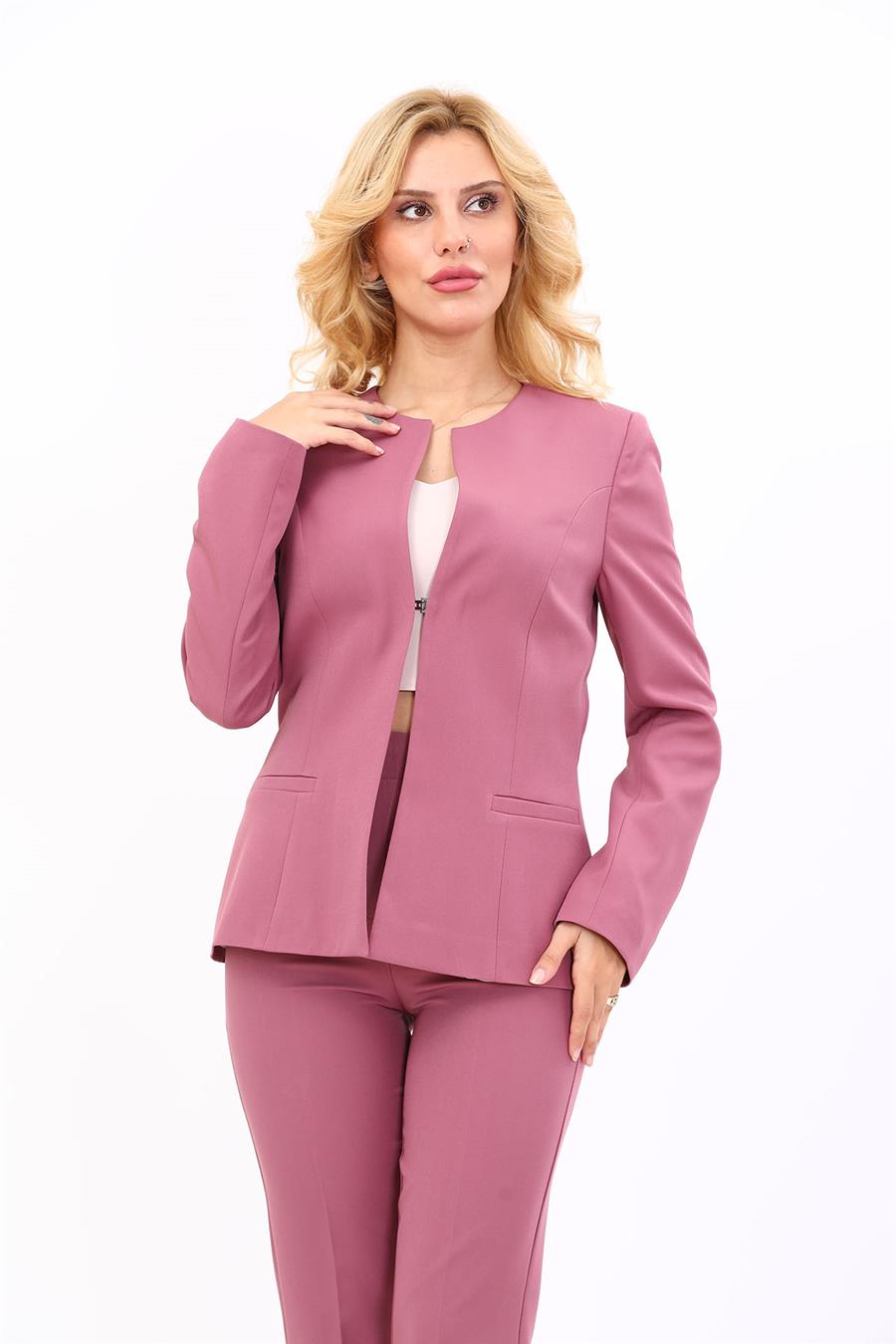 Oval Yaka Yandan Kuplu Klasik Ceket-Rose