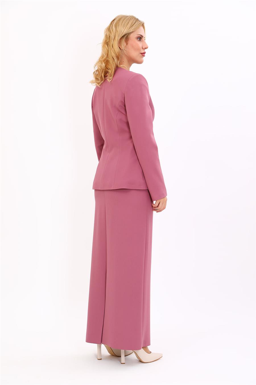 Oval Yaka Yandan Kuplu Klasik Ceket & Uzun Düz Dar Etek-Rose - 1043553