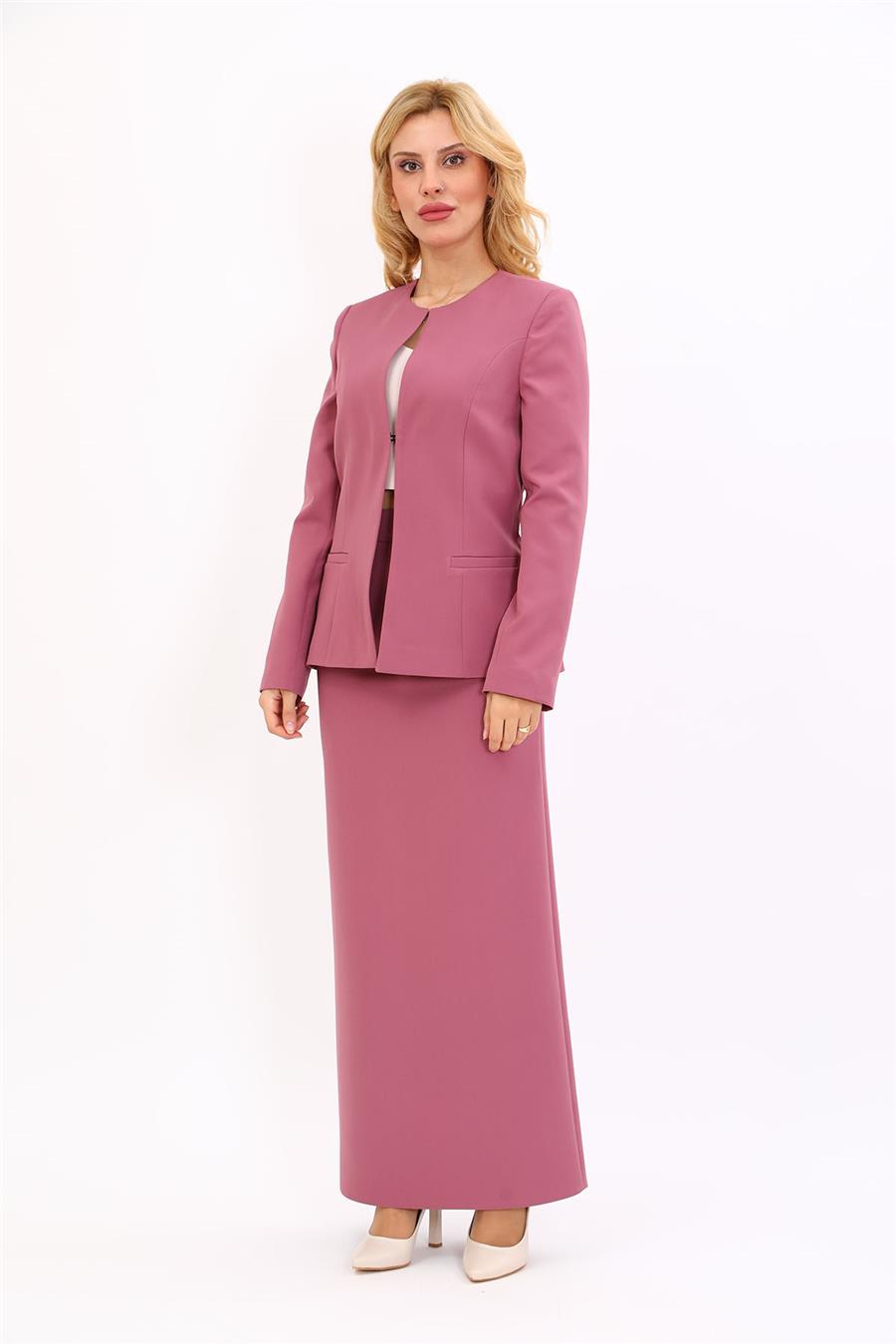 Oval Yaka Yandan Kuplu Klasik Ceket & Uzun Düz Dar Etek-Rose - 1043553