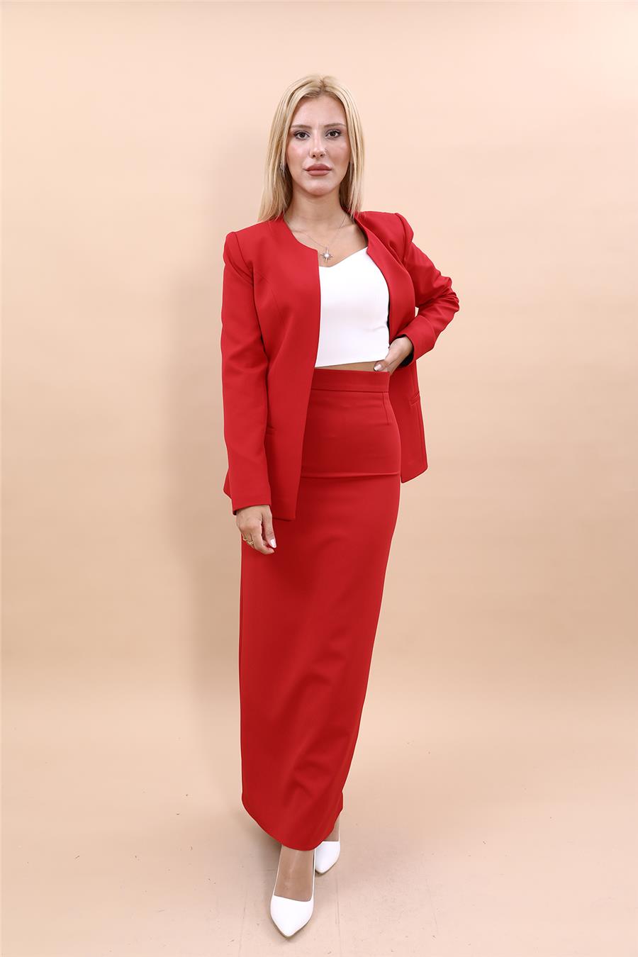 Oval Yaka Yandan Kuplu Klasik Ceket & Uzun Düz Dar Etek-Kırmızı - 1043553