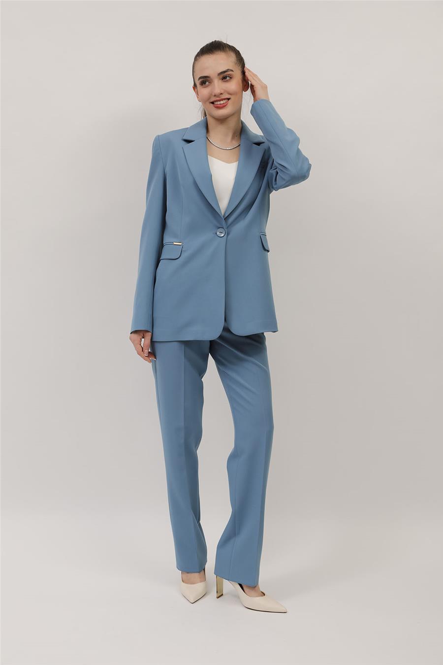 Oversize Tek Düğme Klasik Ceket & Cepli Boru Paça Pantolon Kadın Takım Elbise-Deniz - 1197505